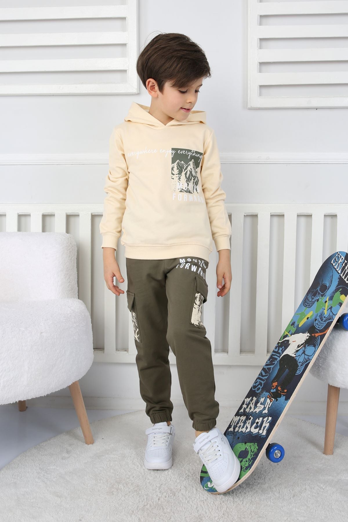 Moving Forward Kargo Cep Kapüşonlu 2 İplik Şardonlu Alt-Üst Erkek Çocuk Eşofman Takımı