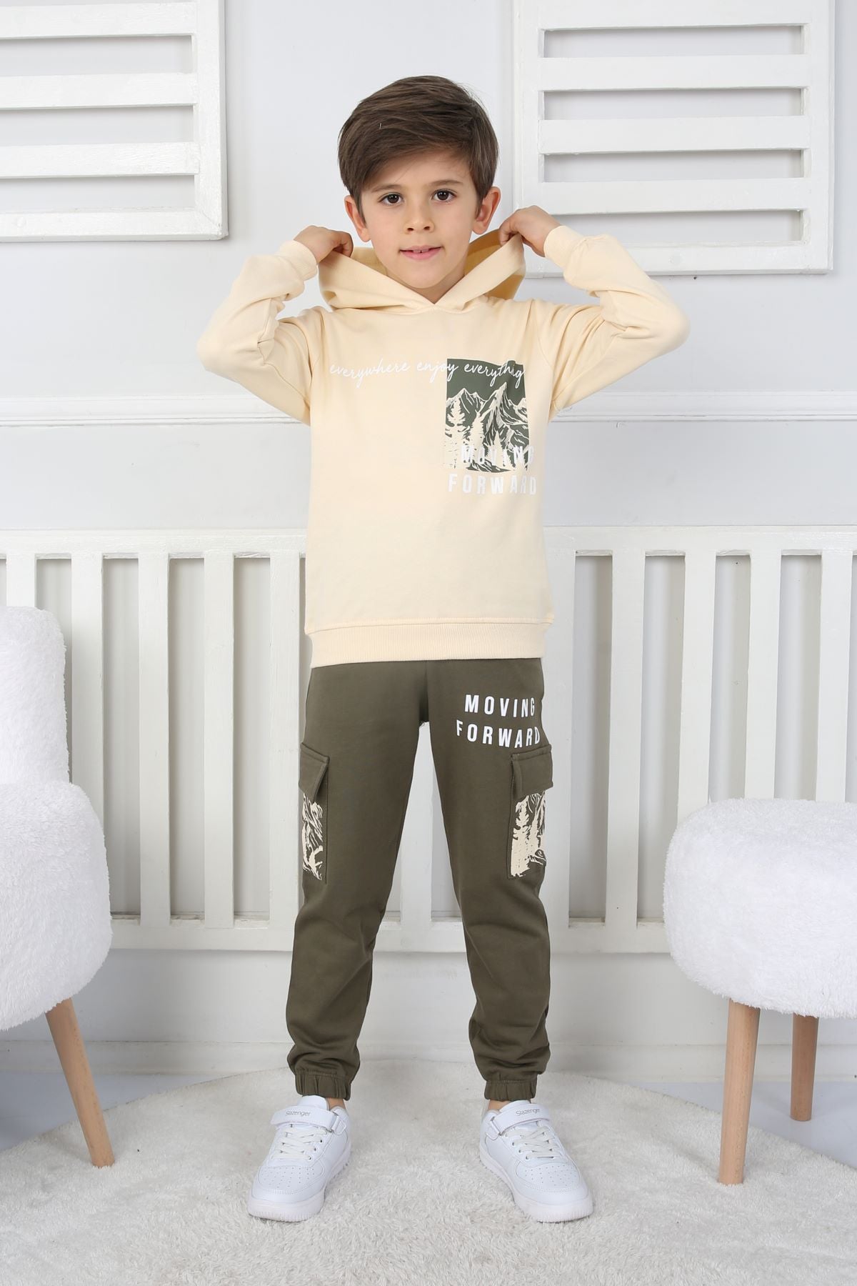 Moving Forward Kargo Cep Kapüşonlu 2 İplik Şardonlu Alt-Üst Erkek Çocuk Eşofman Takımı