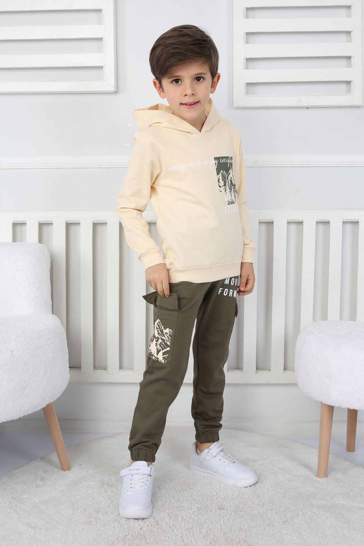 Moving Forward Kargo Cep Kapüşonlu 2 İplik Şardonlu Alt-Üst Erkek Çocuk Eşofman Takımı