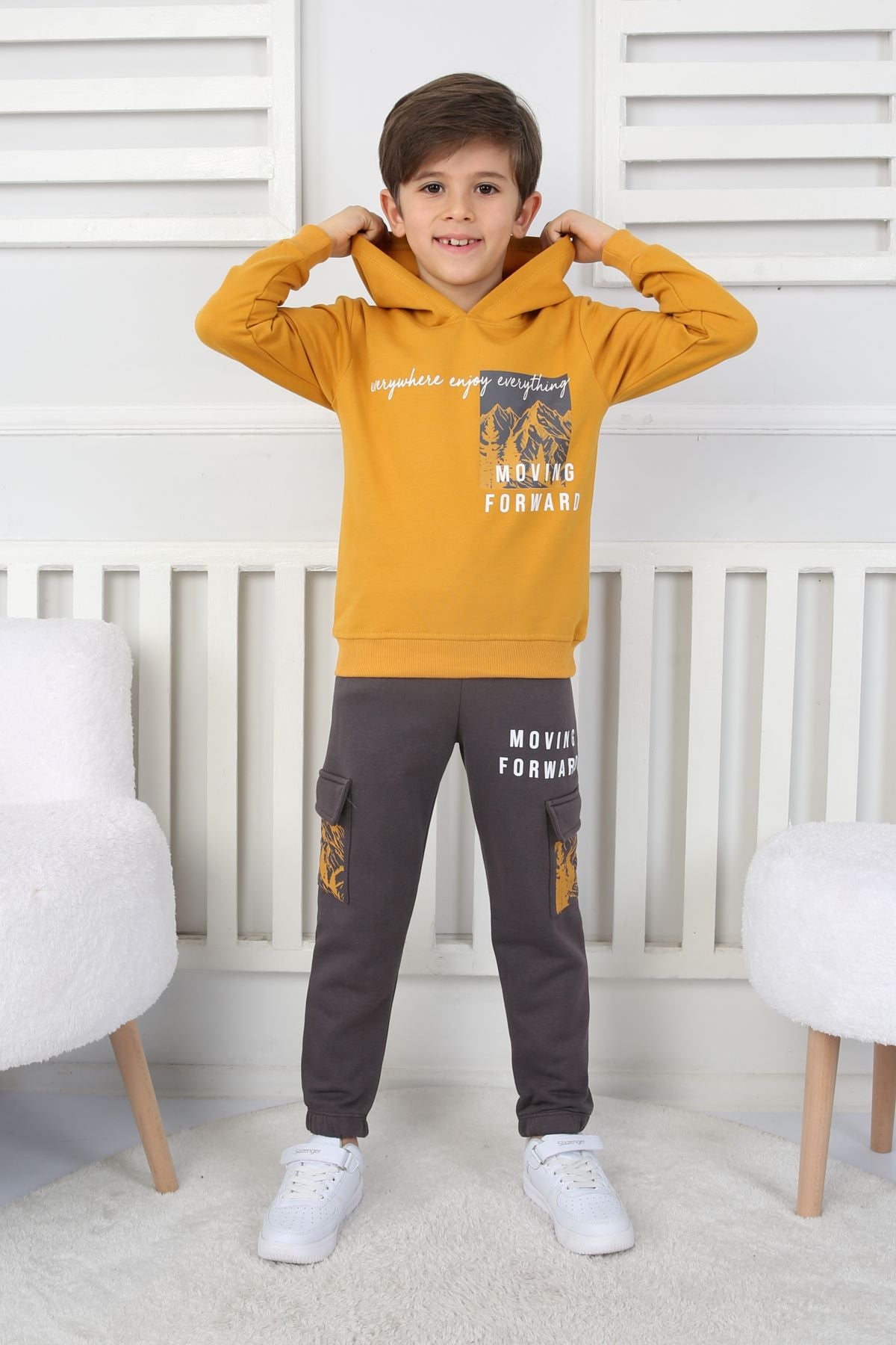 Moving Forward Kargo Cep Kapüşonlu 2 İplik Şardonlu Alt-Üst Erkek Çocuk Eşofman Takımı