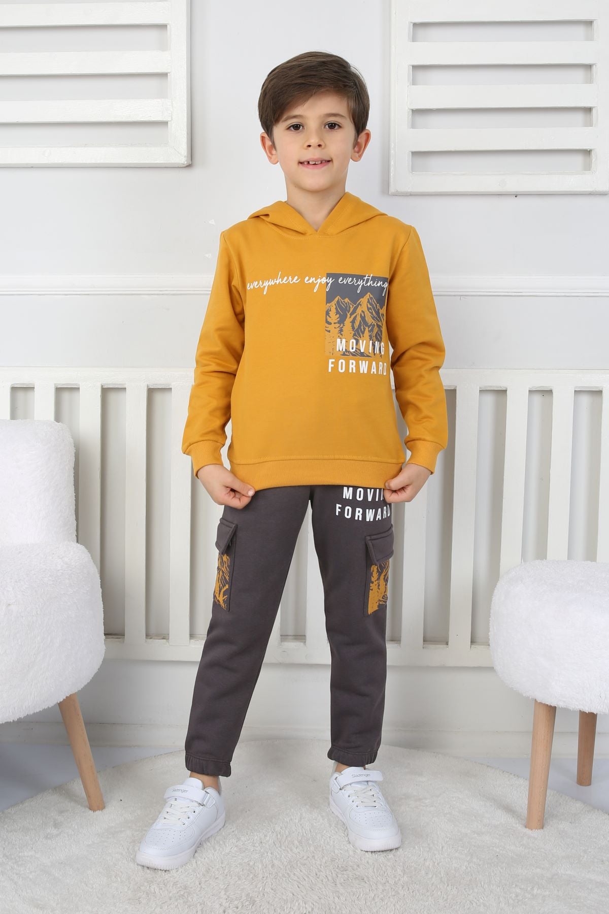 Moving Forward Kargo Cep Kapüşonlu 2 İplik Şardonlu Alt-Üst Erkek Çocuk Eşofman Takımı