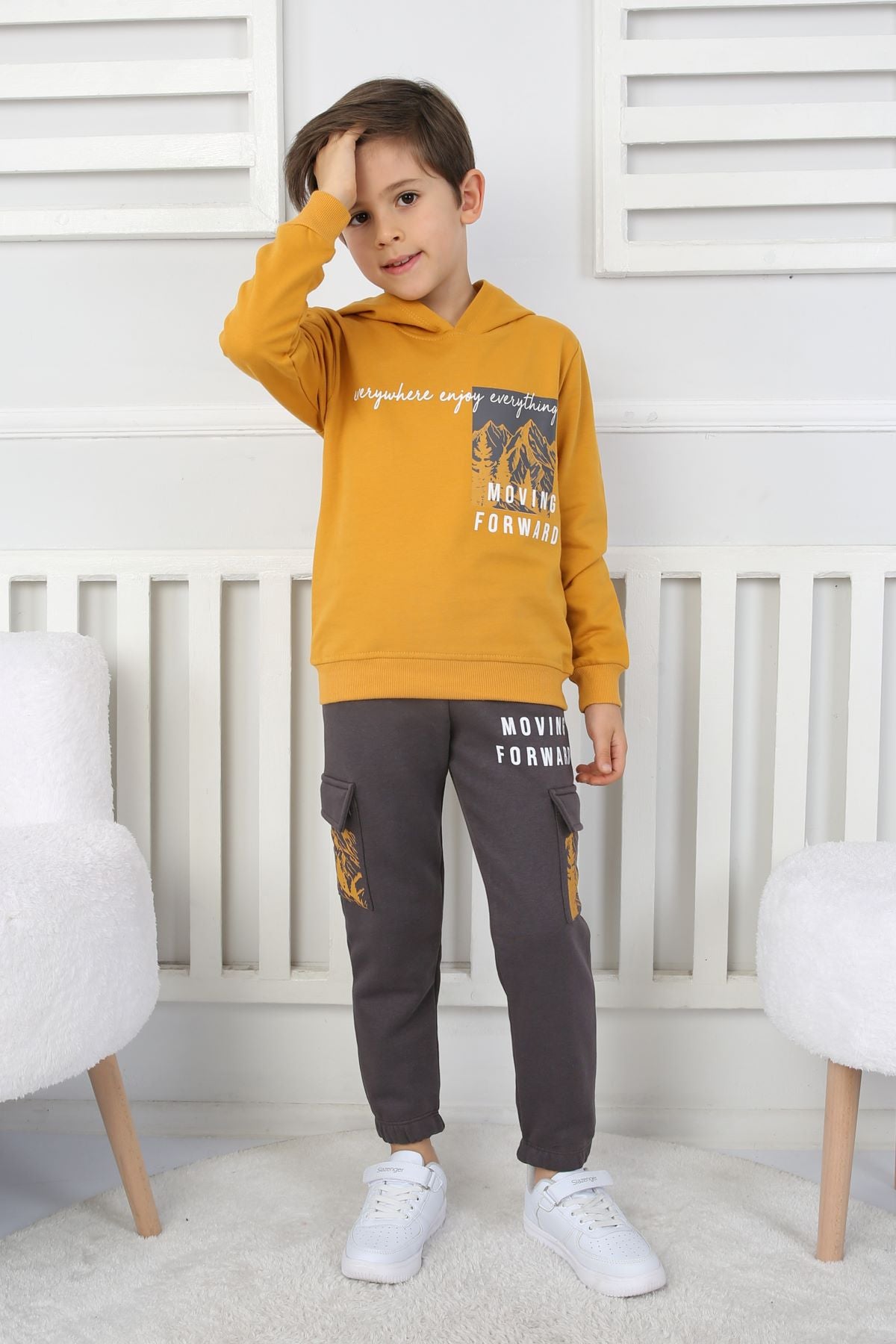 Moving Forward Kargo Cep Kapüşonlu 2 İplik Şardonlu Alt-Üst Erkek Çocuk Eşofman Takımı