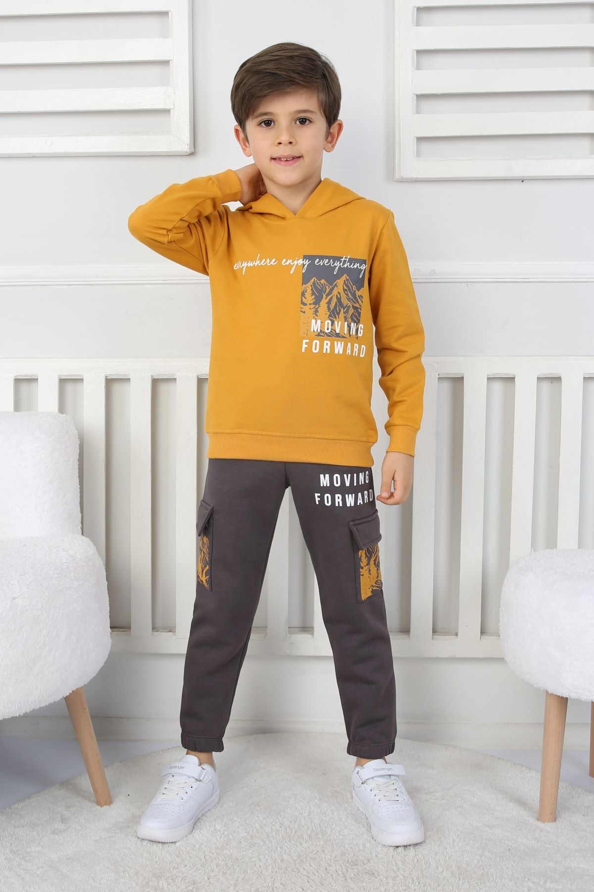 Moving Forward Kargo Cep Kapüşonlu 2 İplik Şardonlu Alt-Üst Erkek Çocuk Eşofman Takımı