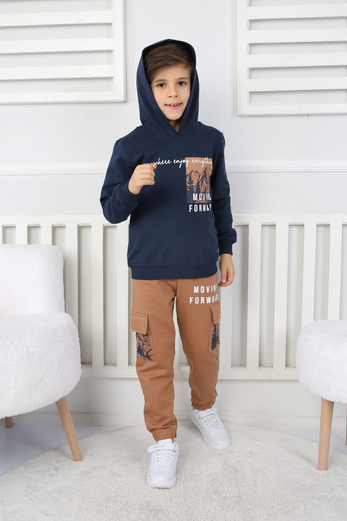 Moving Forward Kargo Cep Kapüşonlu 2 İplik Şardonlu Alt-Üst Erkek Çocuk Eşofman Takımı