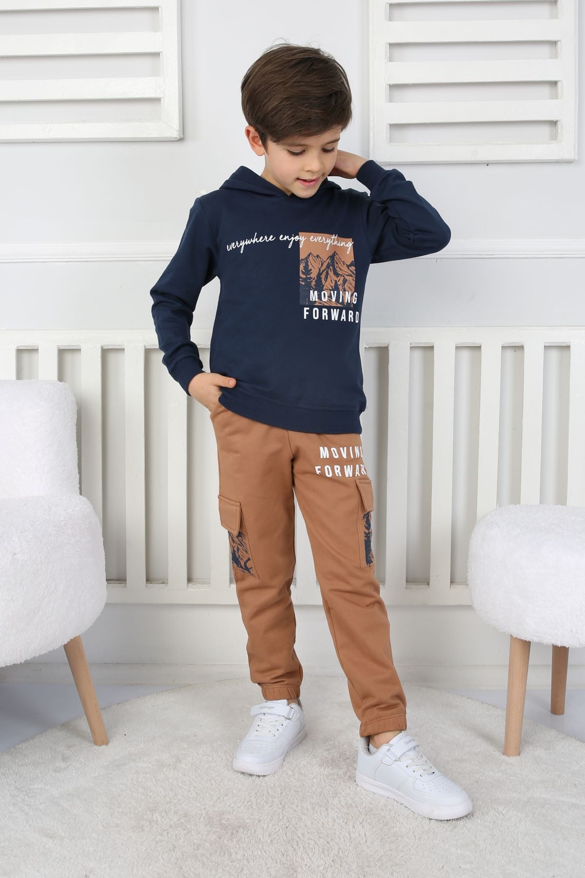 Moving Forward Kargo Cep Kapüşonlu 2 İplik Şardonlu Alt-Üst Erkek Çocuk Eşofman Takımı