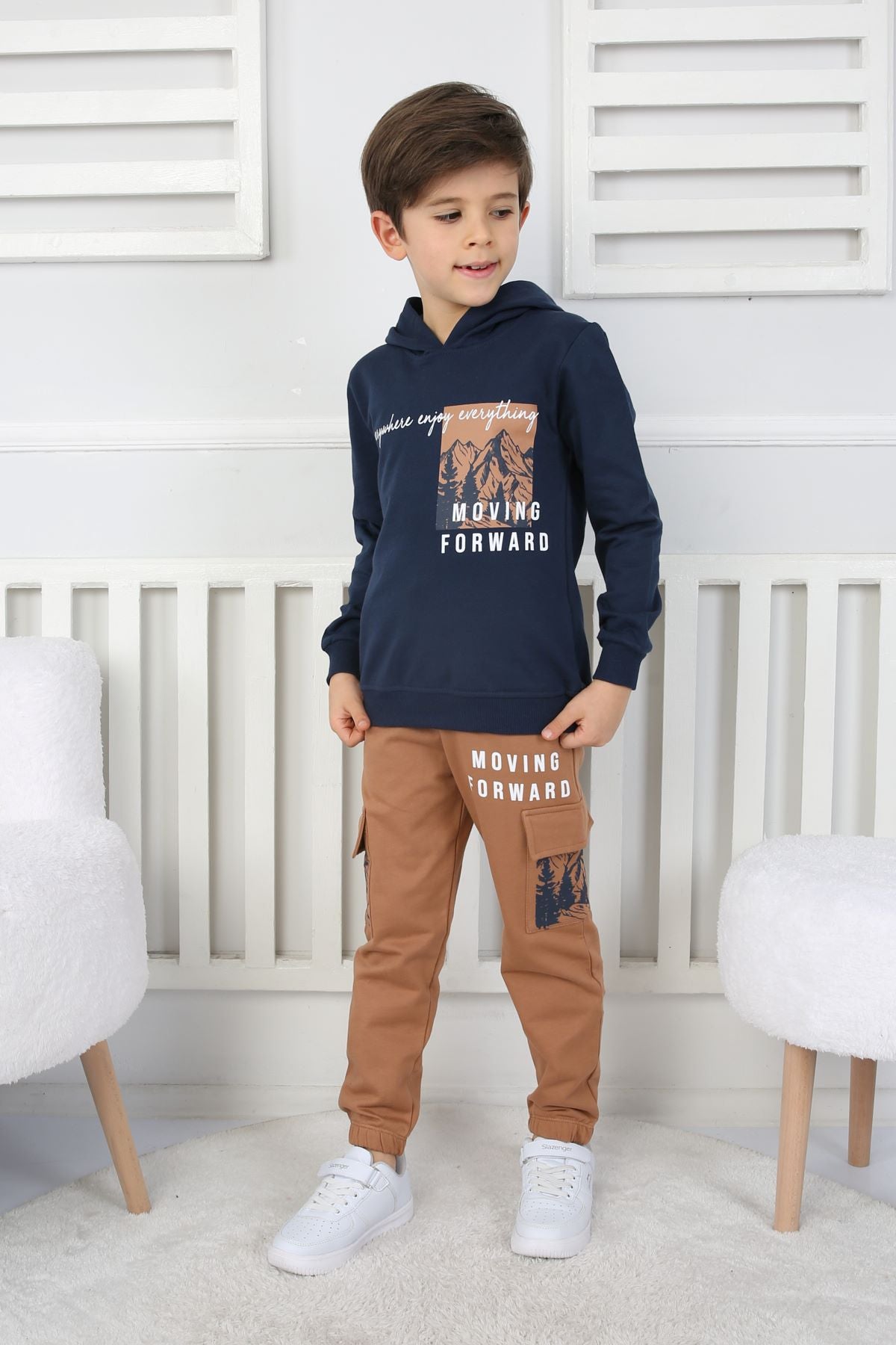 Moving Forward Kargo Cep Kapüşonlu 2 İplik Şardonlu Alt-Üst Erkek Çocuk Eşofman Takımı