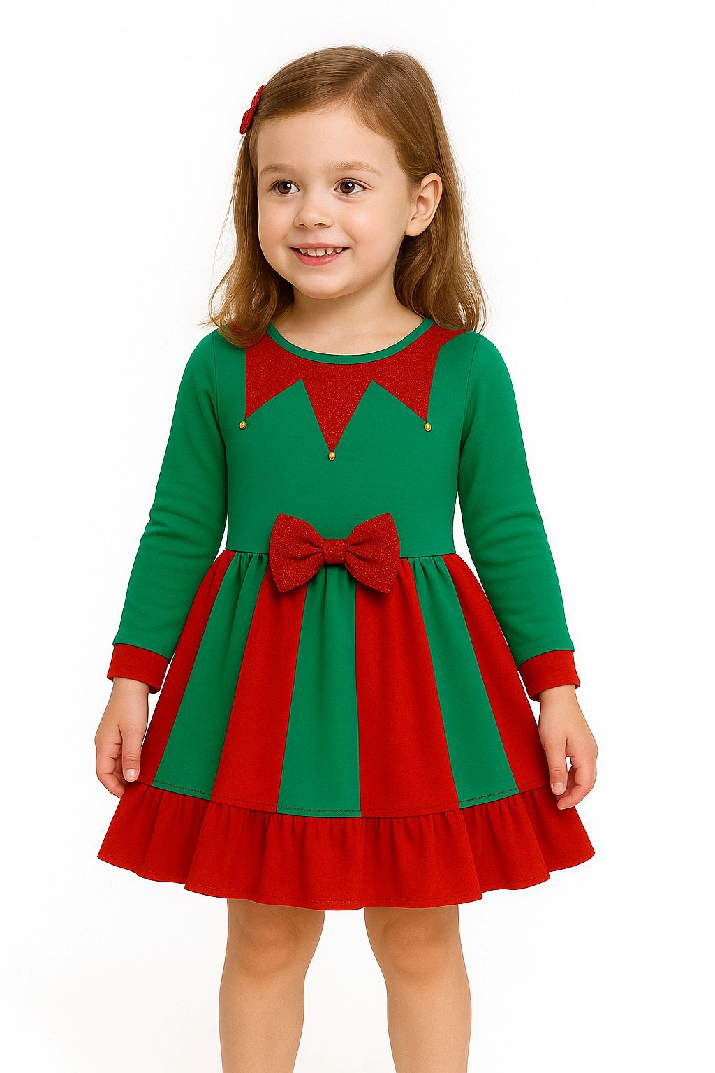 Noel Temalı Yeşil - Kırmızı Kurdeleli Kız Çocuk Elbisesi