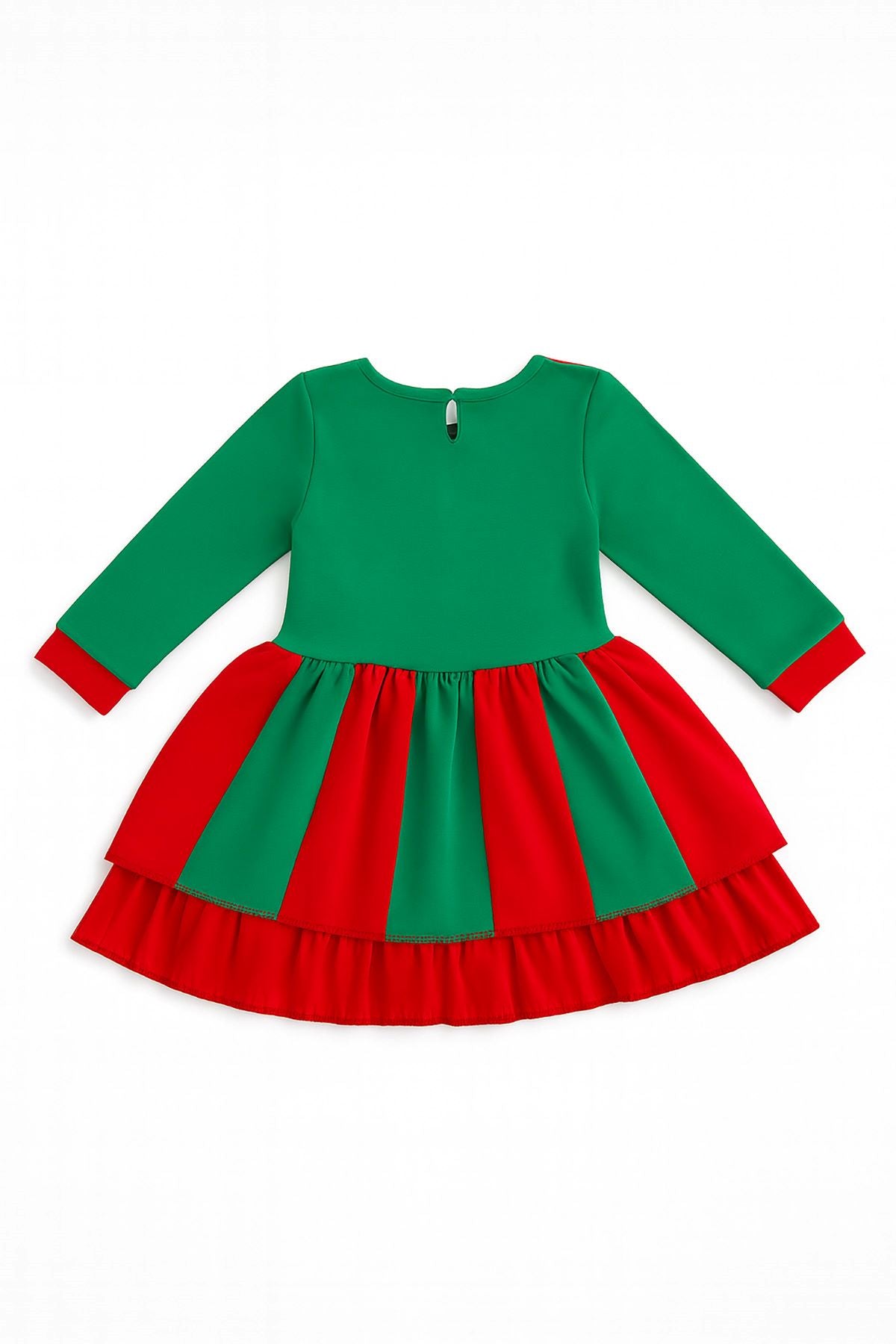 Noel Temalı Yeşil - Kırmızı Kurdeleli Kız Çocuk Elbisesi