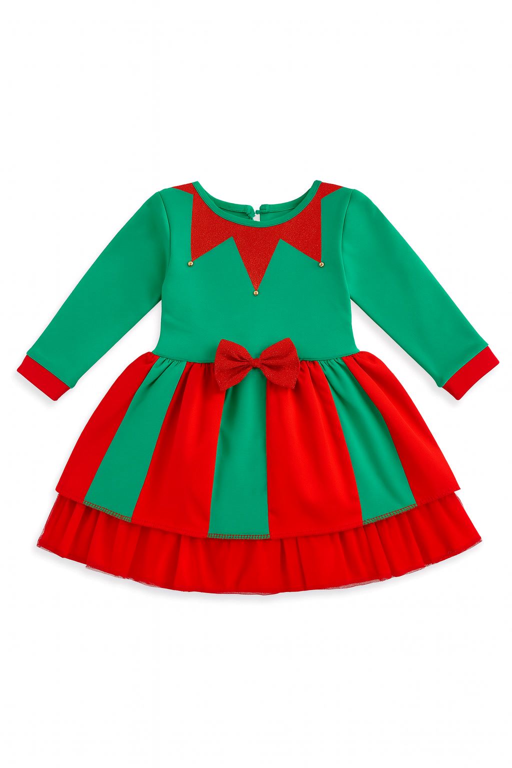 Noel Temalı Yeşil - Kırmızı Kurdeleli Kız Çocuk Elbisesi