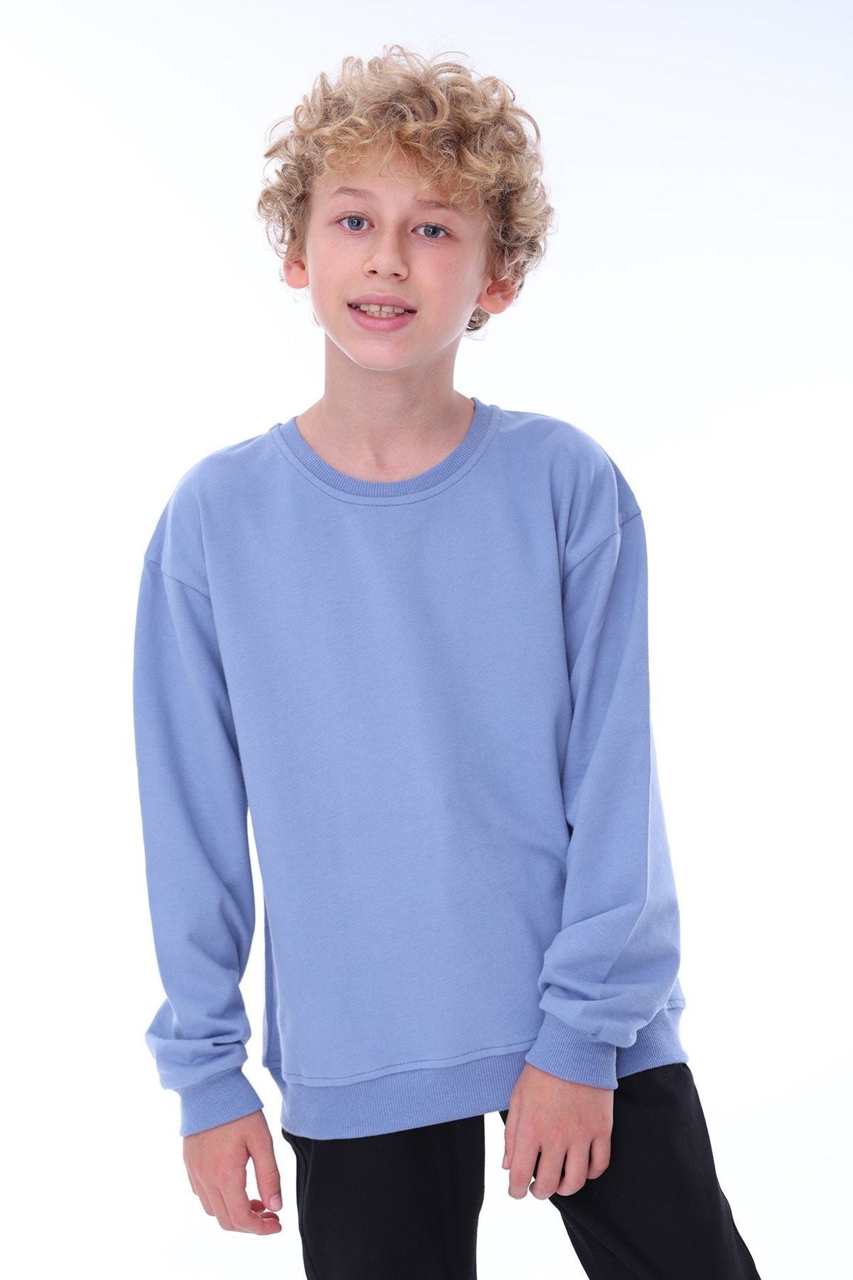 Oversize Unisex Basic Düz Mavi Renk %100 Pamuk Sweatshirt (2-11 Yaş)