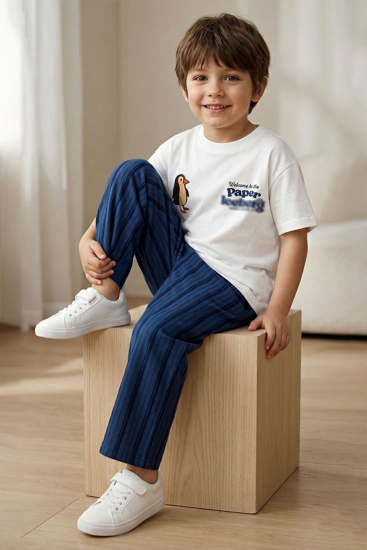 Paper Baskılı Erkek Çocuk Alt - Üst Takım Beyaz Lacivert