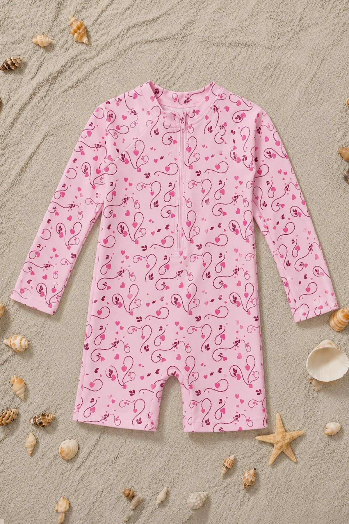 Pembe Kalp Desenli Uzun Kollu Fermuarlı Bebek Deniz Tulumu