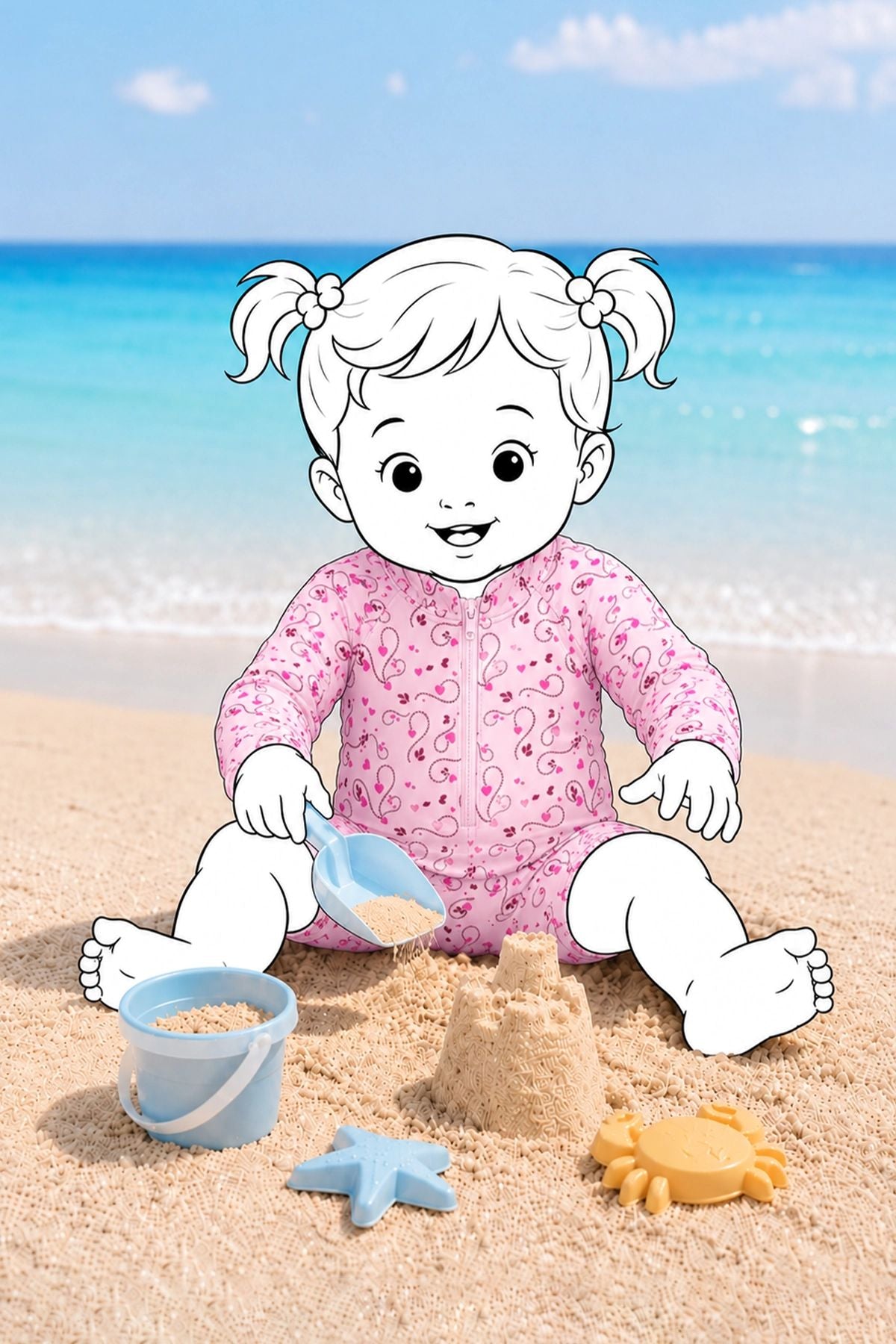 Pembe Kalp Desenli Uzun Kollu Fermuarlı Bebek Deniz Tulumu