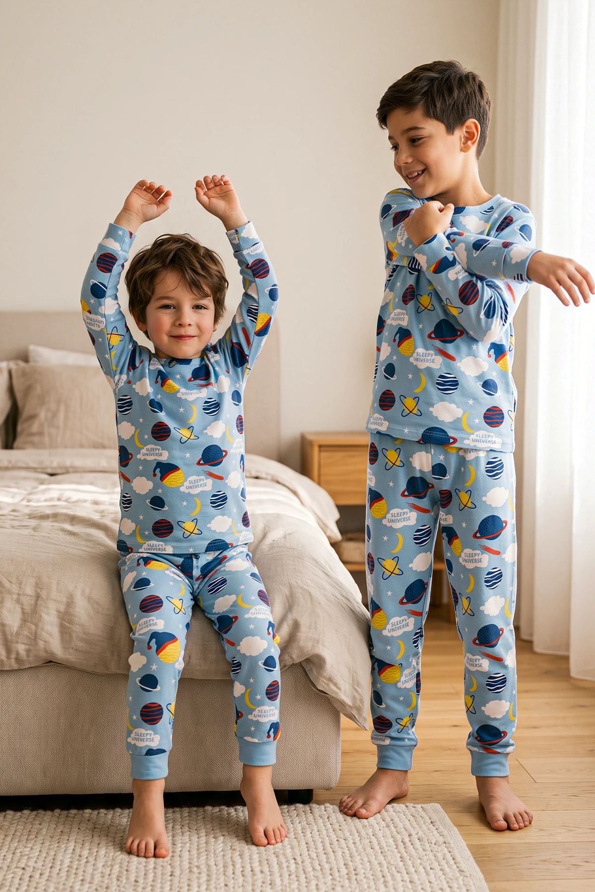 Planet Pattern Uzun Kollu Erkek Çocuk Pijama Takımı