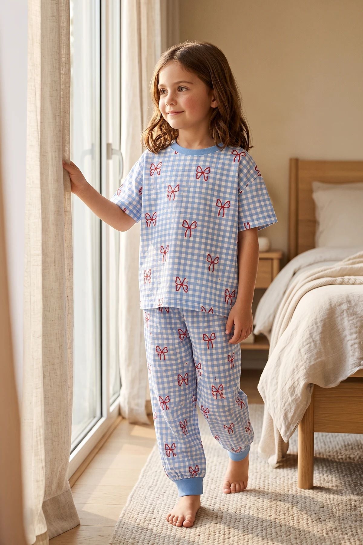 Kız Çocuk Pötikare Desenli Mavi Beyaz Renk Fiyonklu Kısa Kol %100 Pamuk Pijama Takımı