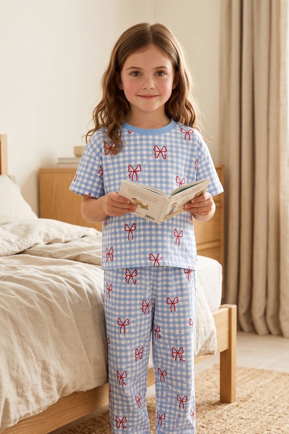 Kız Çocuk Pötikare Desenli Mavi Beyaz Renk Fiyonklu Kısa Kol %100 Pamuk Pijama Takımı