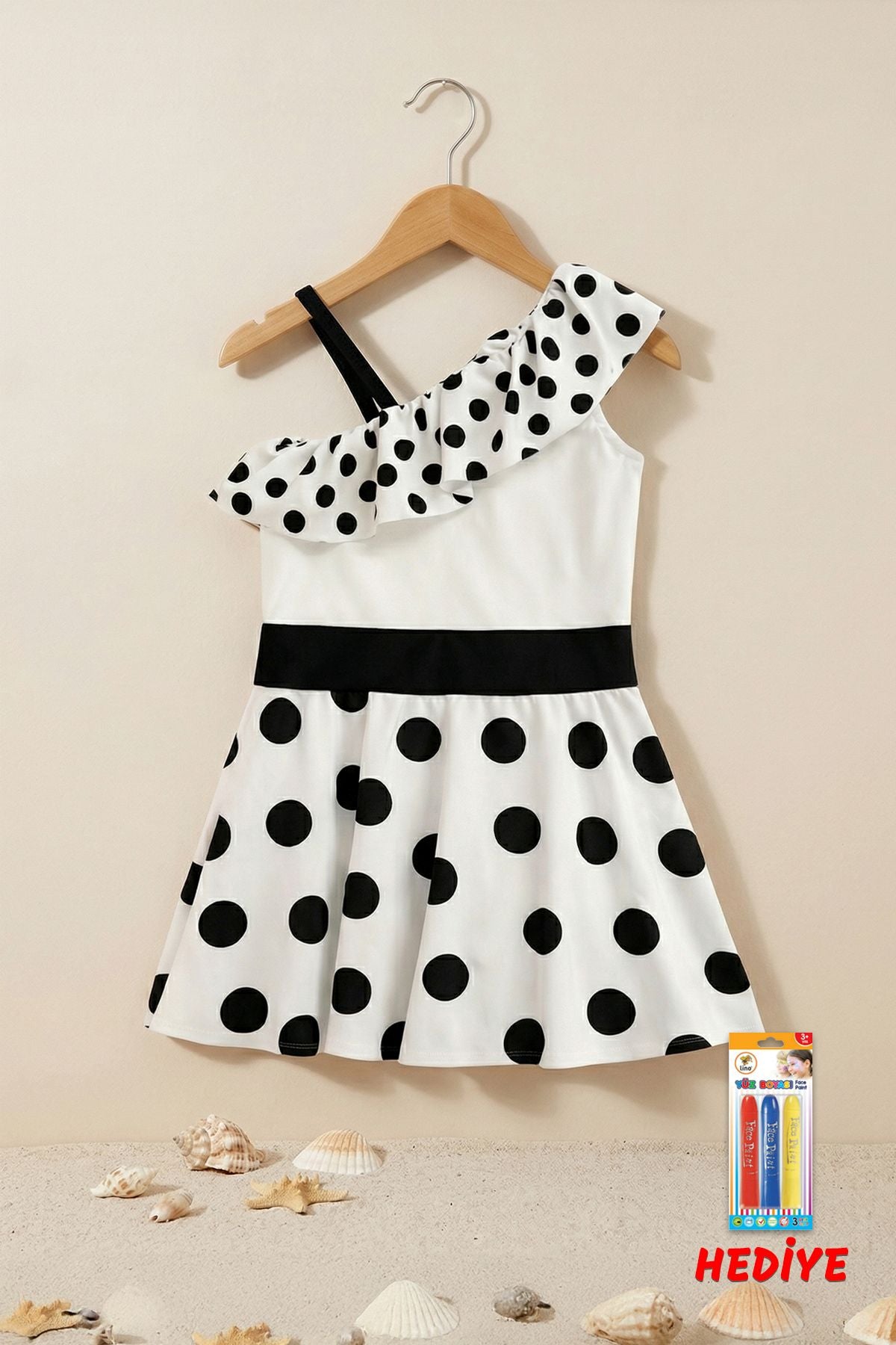 Puantiye Desenli Asimetrik Yaka Fırfırlı Kız Çocuk Elbise Mayo