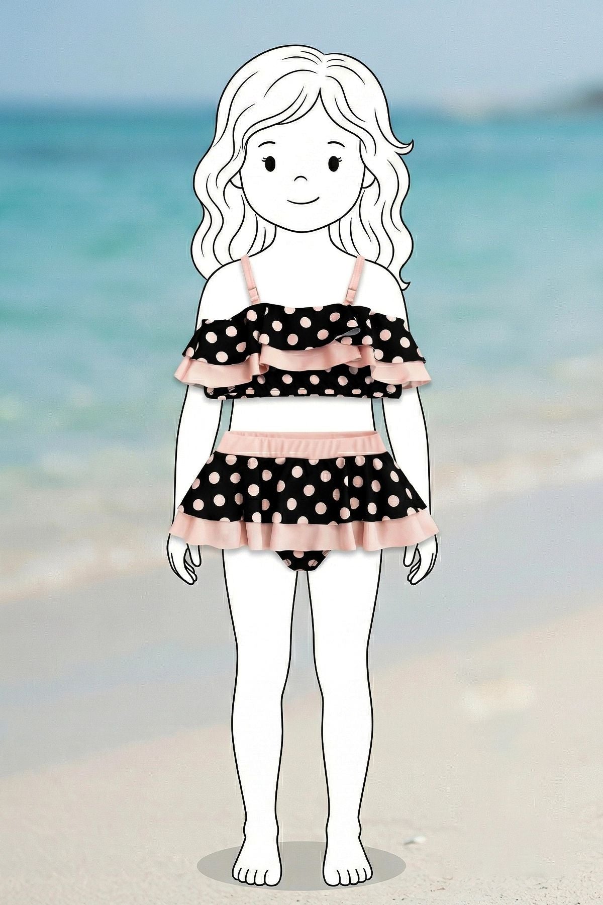 Puantiye Desenli Fırfırlı Siyah Renk Kız Çocuk Etekli Bikini Takımı