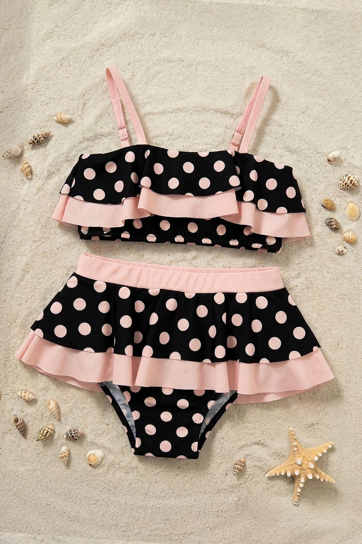 Puantiye Desenli Fırfırlı Siyah Renk Kız Çocuk Etekli Bikini Takımı