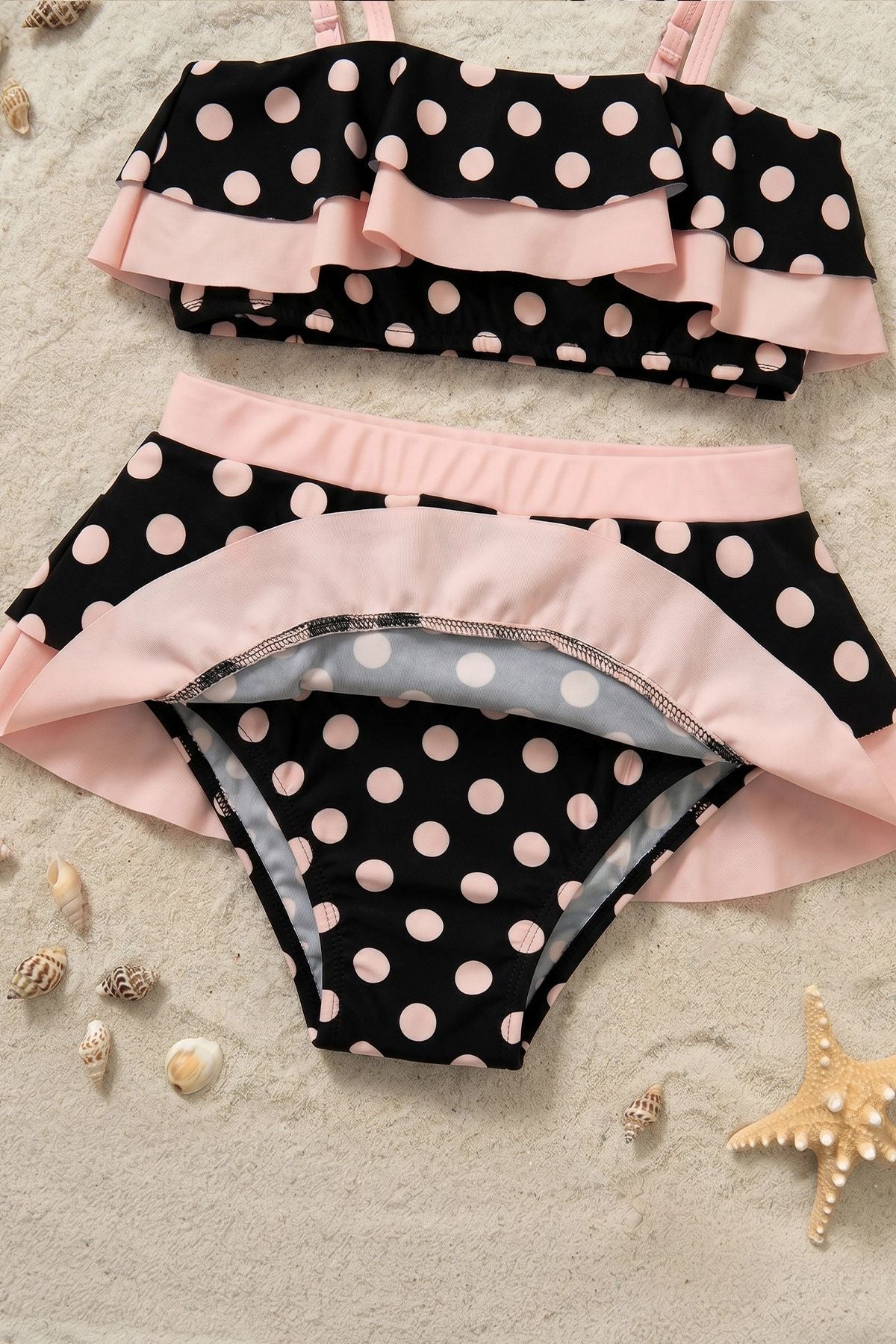 Puantiye Desenli Fırfırlı Siyah Renk Kız Çocuk Etekli Bikini Takımı
