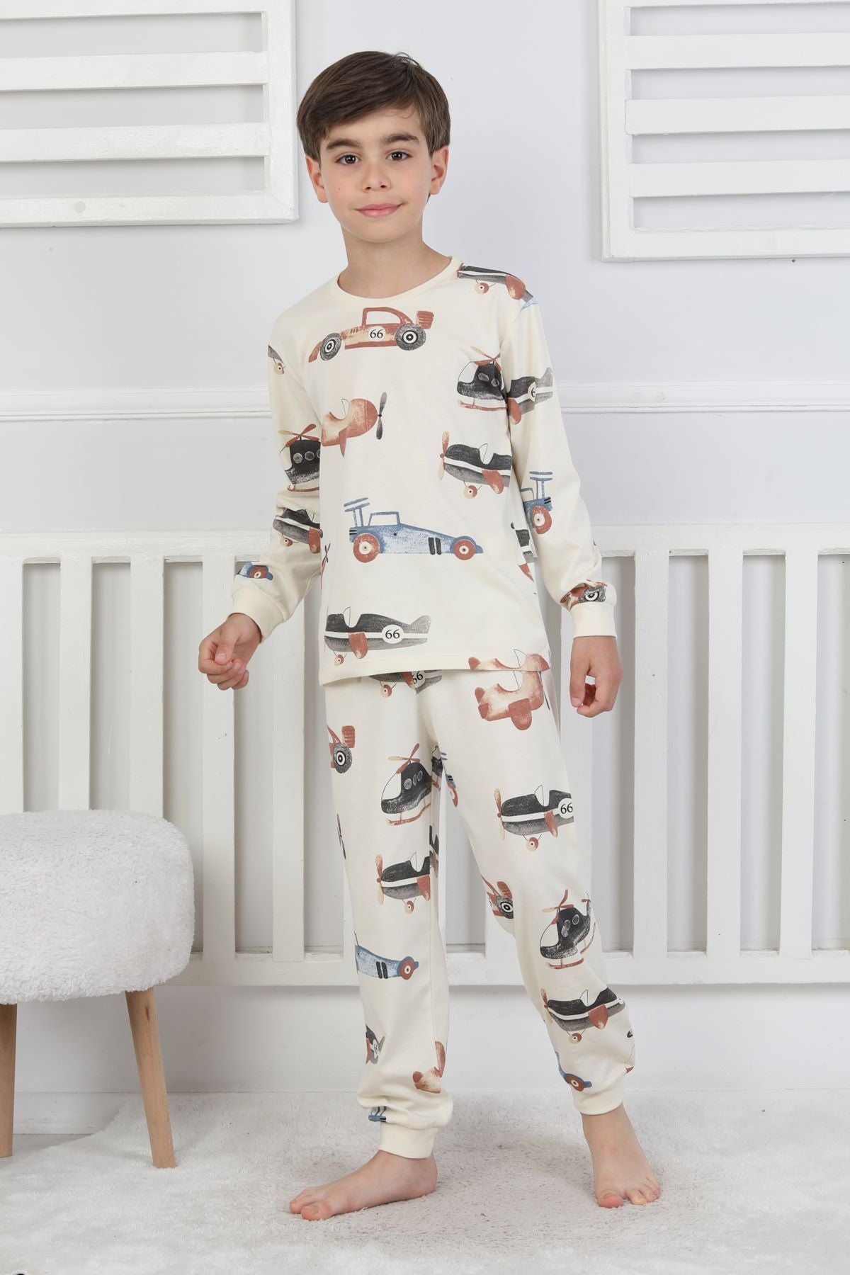 Racing Car And Aeroplane Desenli Erkek Çocuk Pijama Takımı