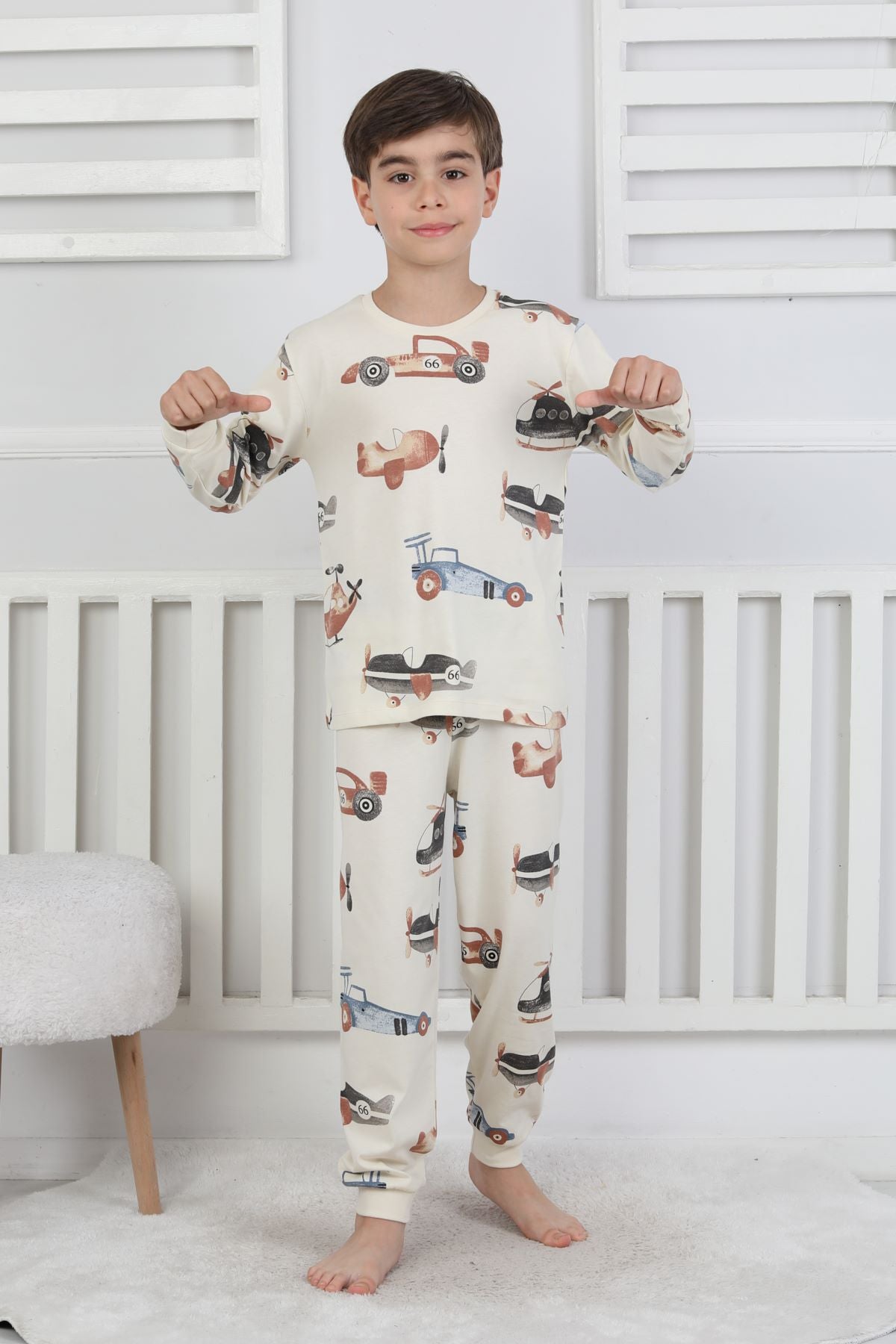 Racing Car And Aeroplane Desenli Erkek Çocuk Pijama Takımı