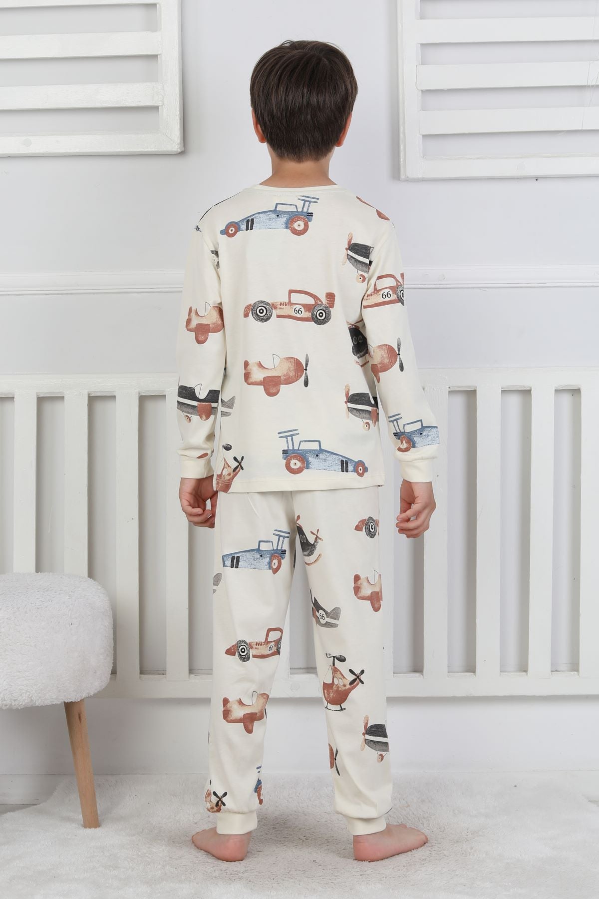 Racing Car And Aeroplane Desenli Erkek Çocuk Pijama Takımı