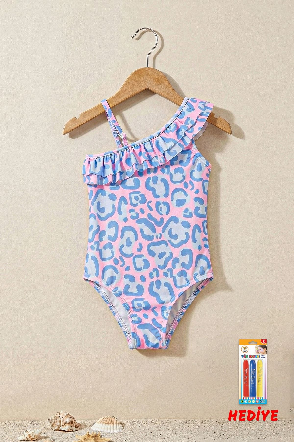 Renkli Leopar Desenli Asimetrik Yaka Fırfırlı Şık Mayo