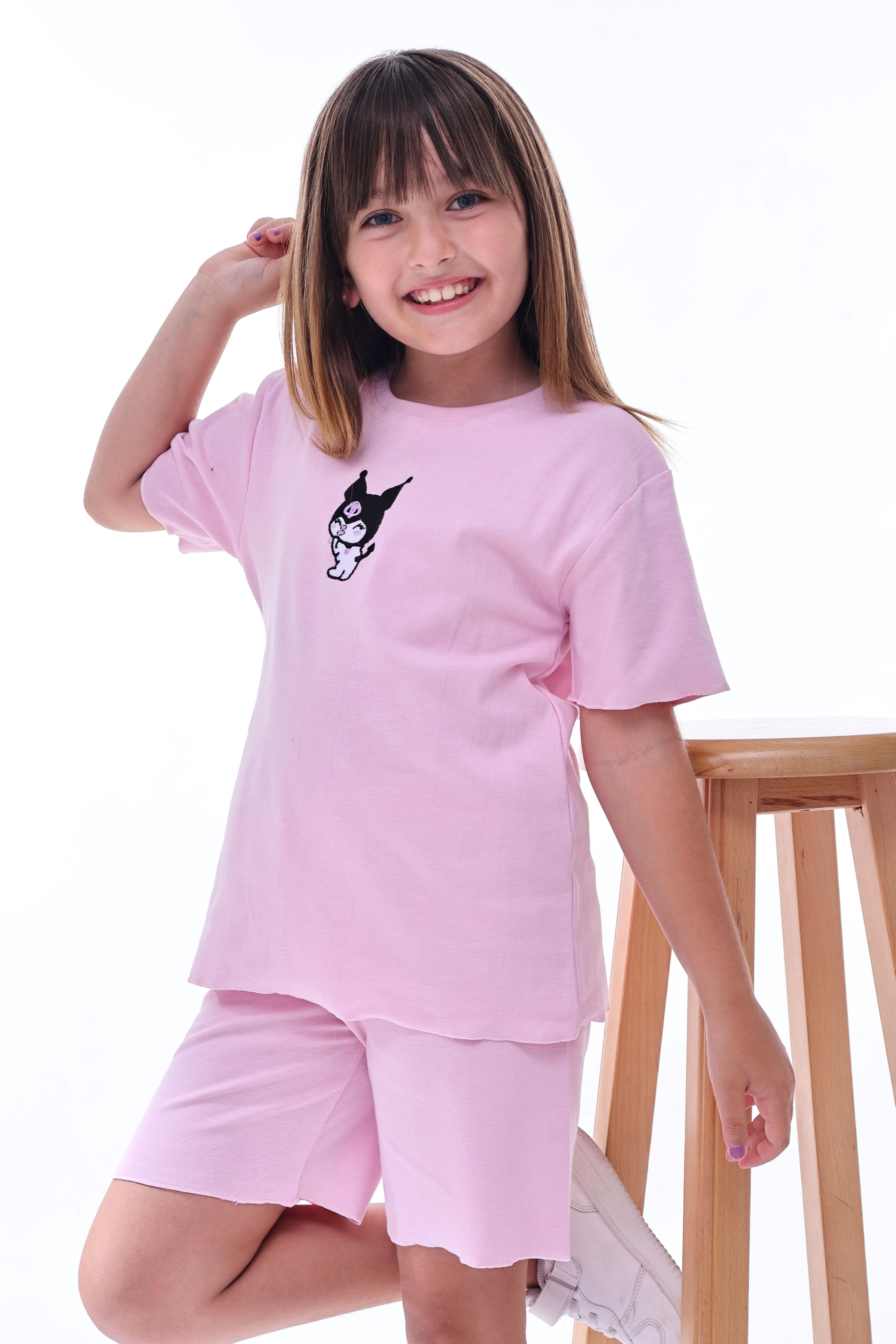 Ribana Beybi Overlok Detaylı Kuromi Nakışlı Alt-Üst Takım