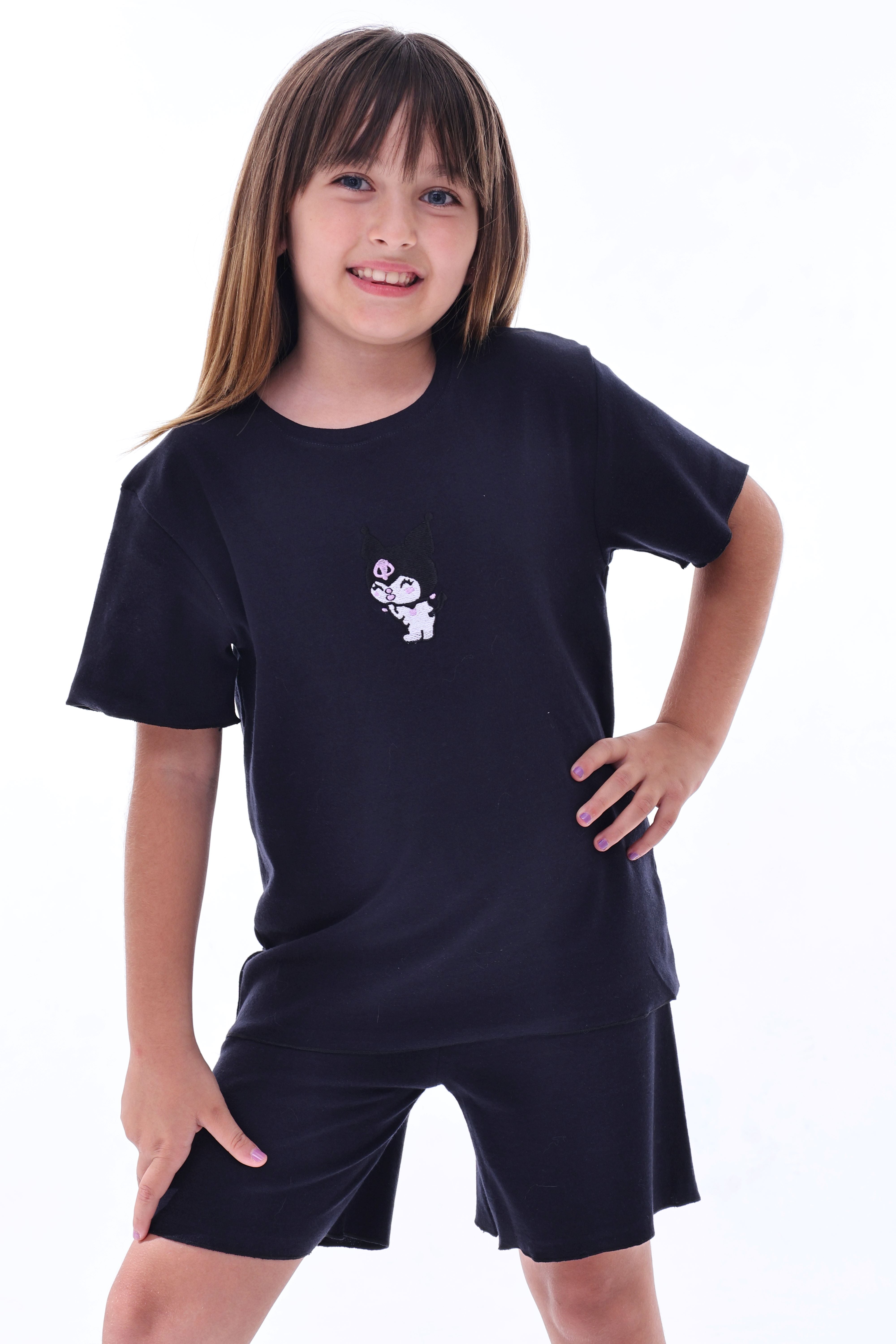 Ribana Beybi Overlok Detaylı Kuromi Nakışlı Alt-Üst Takım