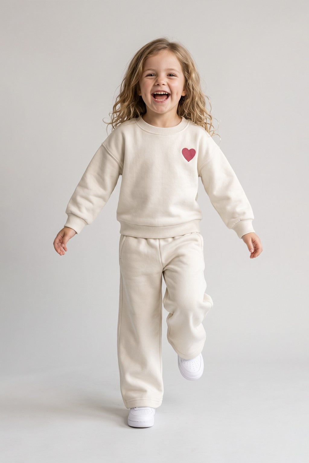Kalp Nakış 3 İplik Fırçalı Kumaş Sweatshirt Eşofman Alt Üst Takım