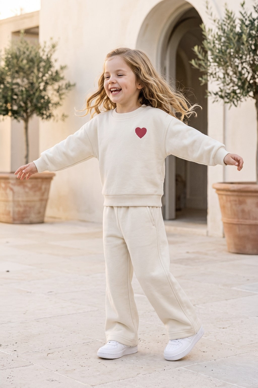 Kalp Nakış 3 İplik Fırçalı Kumaş Sweatshirt Eşofman Alt Üst Takım