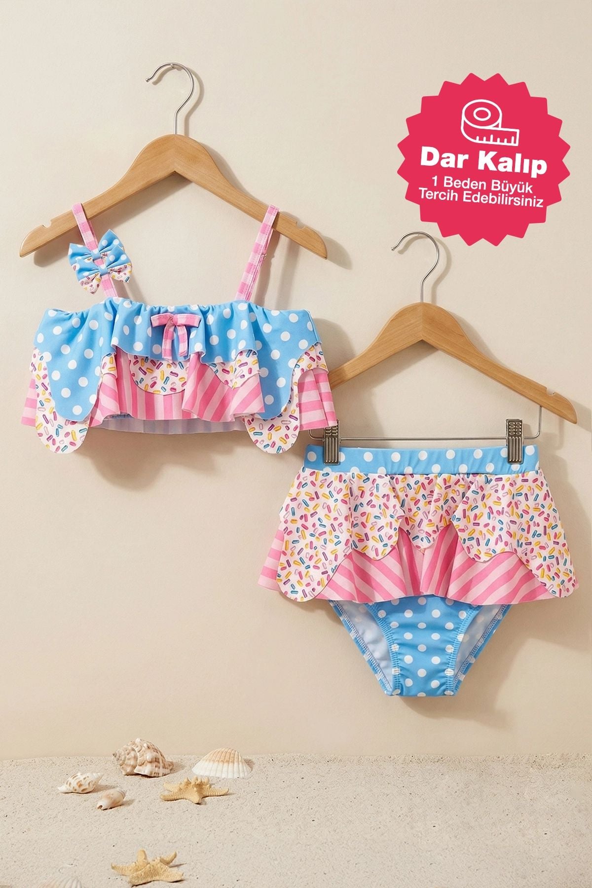 Fırfırlı Kız Çocuk Renkli Şeker Desenli Bikini Takımı