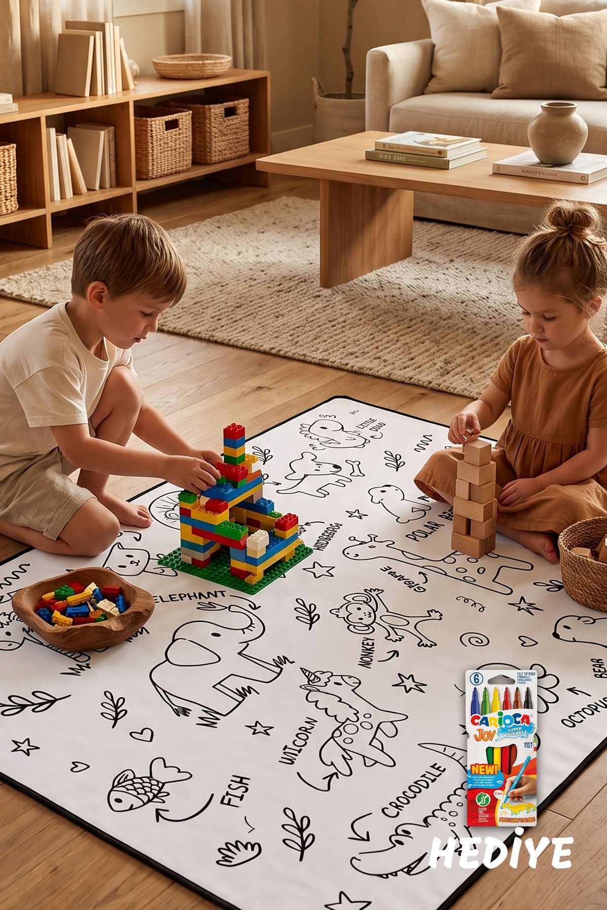 Sevimli Hayvanlar Temalı 100X150 CM Boyutlu boyanabilir Çok Amaçlı Örtü Oyun Halısı - Yıkanabilir Boya Hediyeli