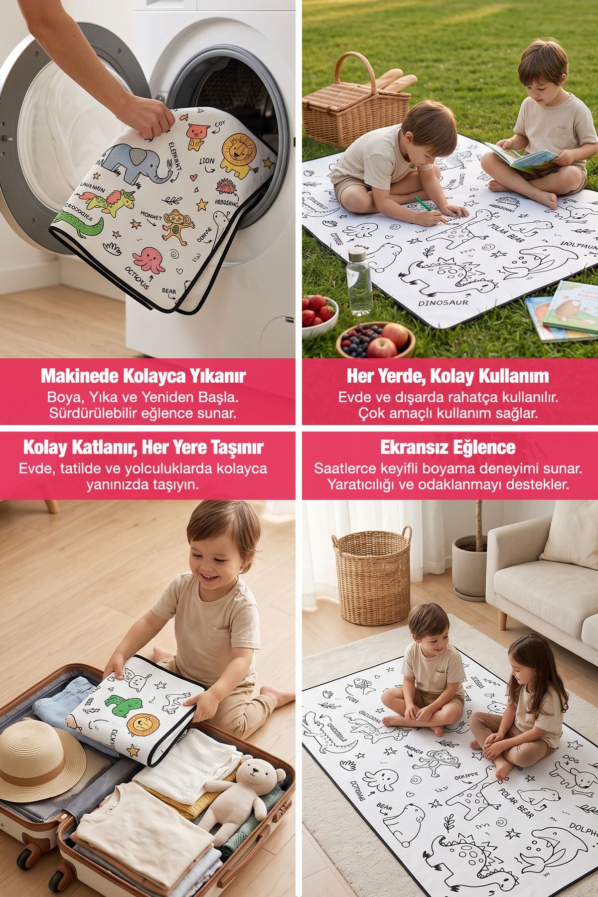 Sevimli Hayvanlar Temalı 100X150 CM Boyutlu boyanabilir Çok Amaçlı Örtü Oyun Halısı - Yıkanabilir Boya Hediyeli