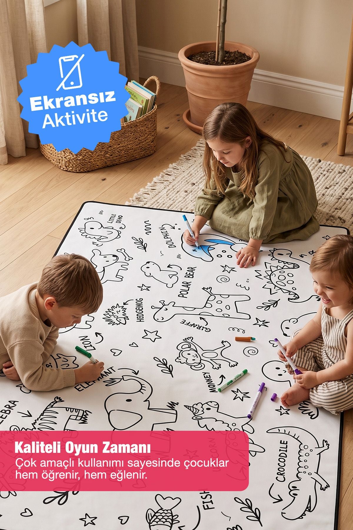 Sevimli Hayvanlar Temalı 100X150 CM Boyutlu boyanabilir Çok Amaçlı Örtü Oyun Halısı - Yıkanabilir Boya Hediyeli