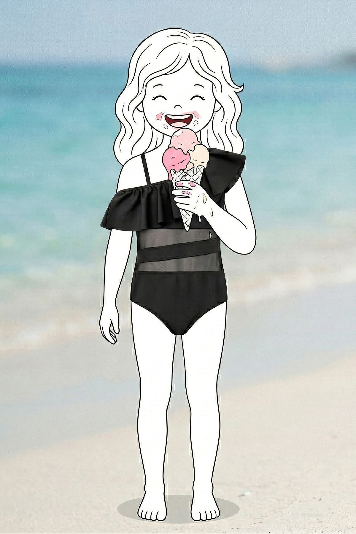 Siyah Renk Kız Çocuk Tül Detaylı Şık Mayo