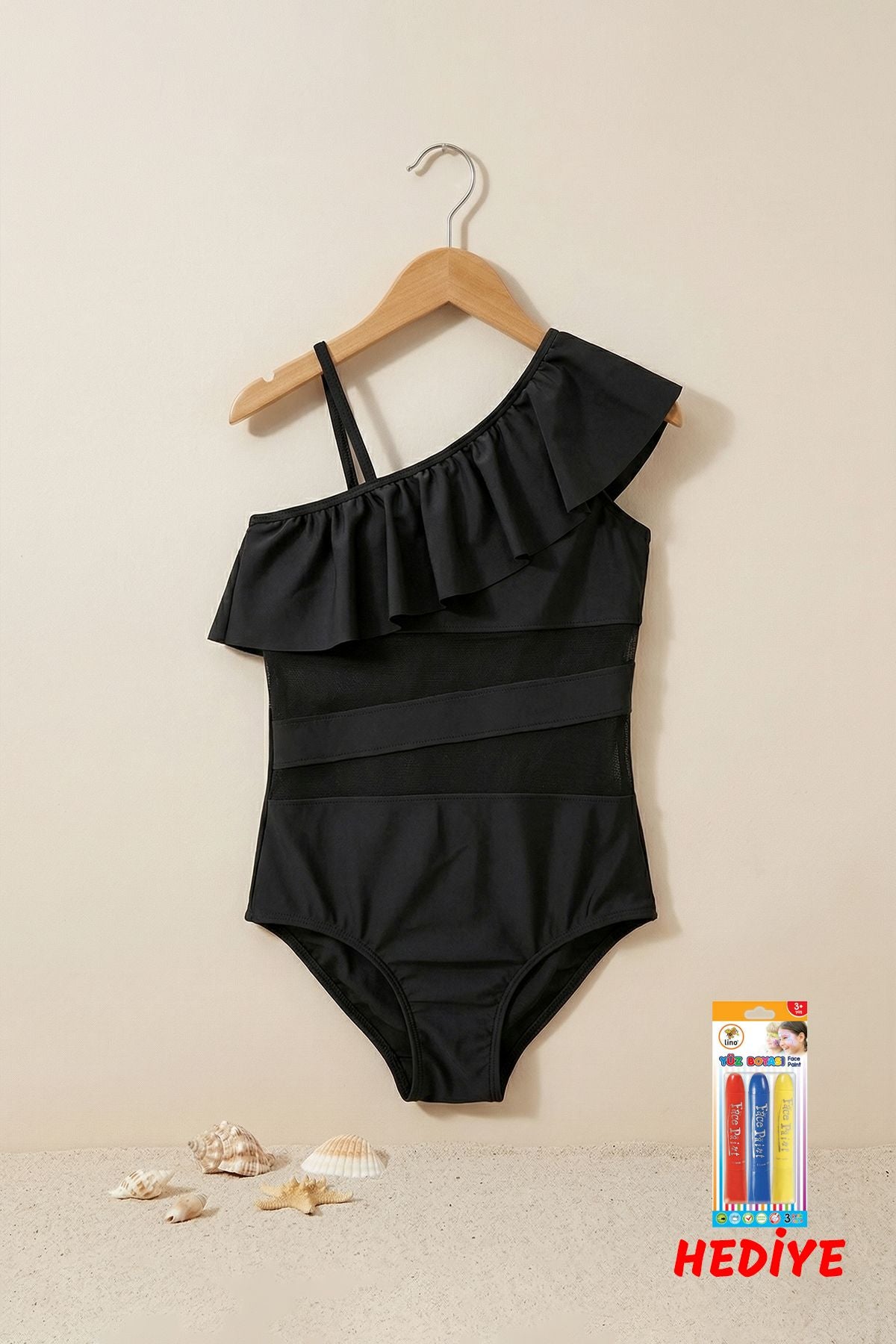 Siyah Renk Kız Çocuk Tül Detaylı Şık Mayo