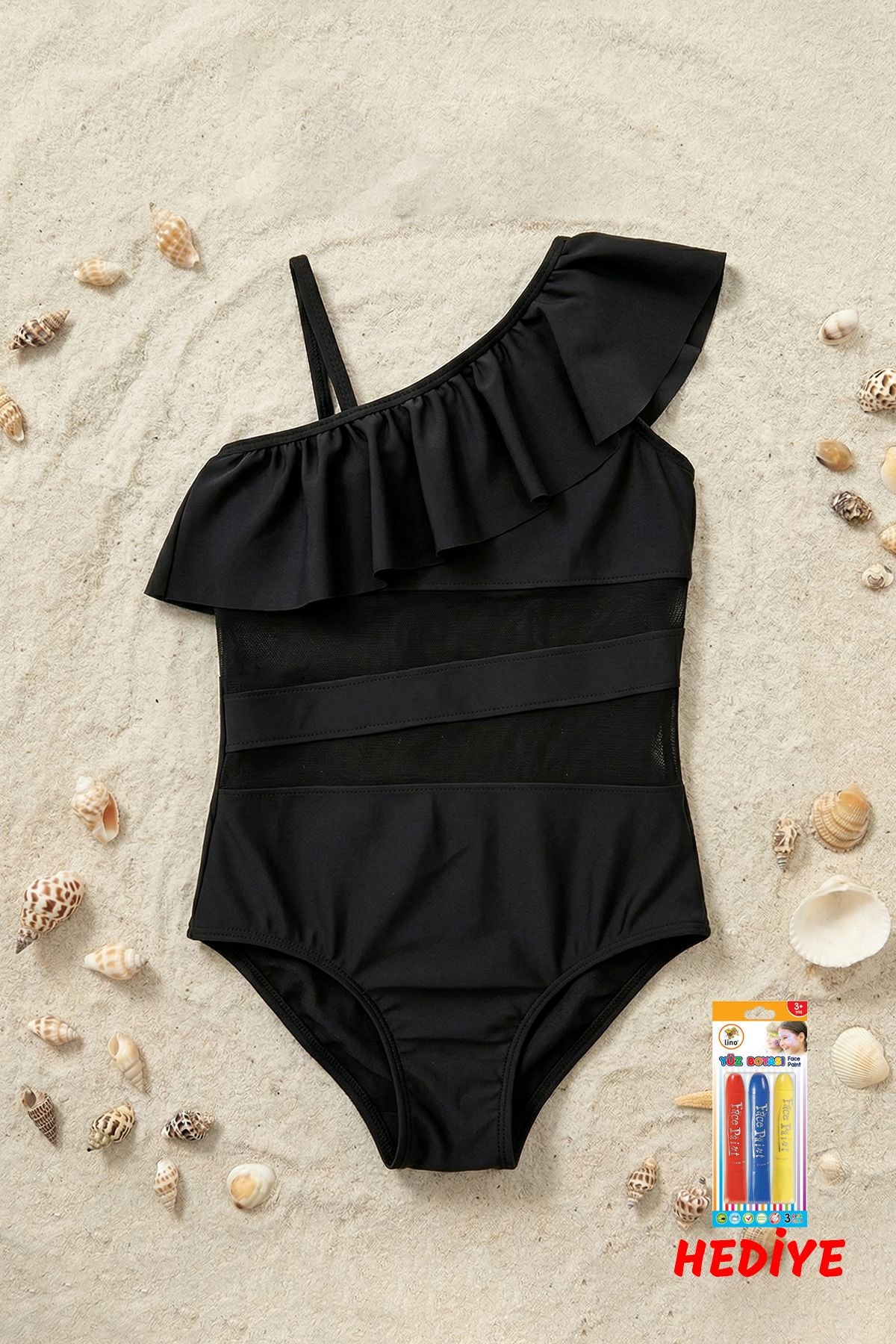 Siyah Renk Kız Çocuk Tül Detaylı Şık Mayo