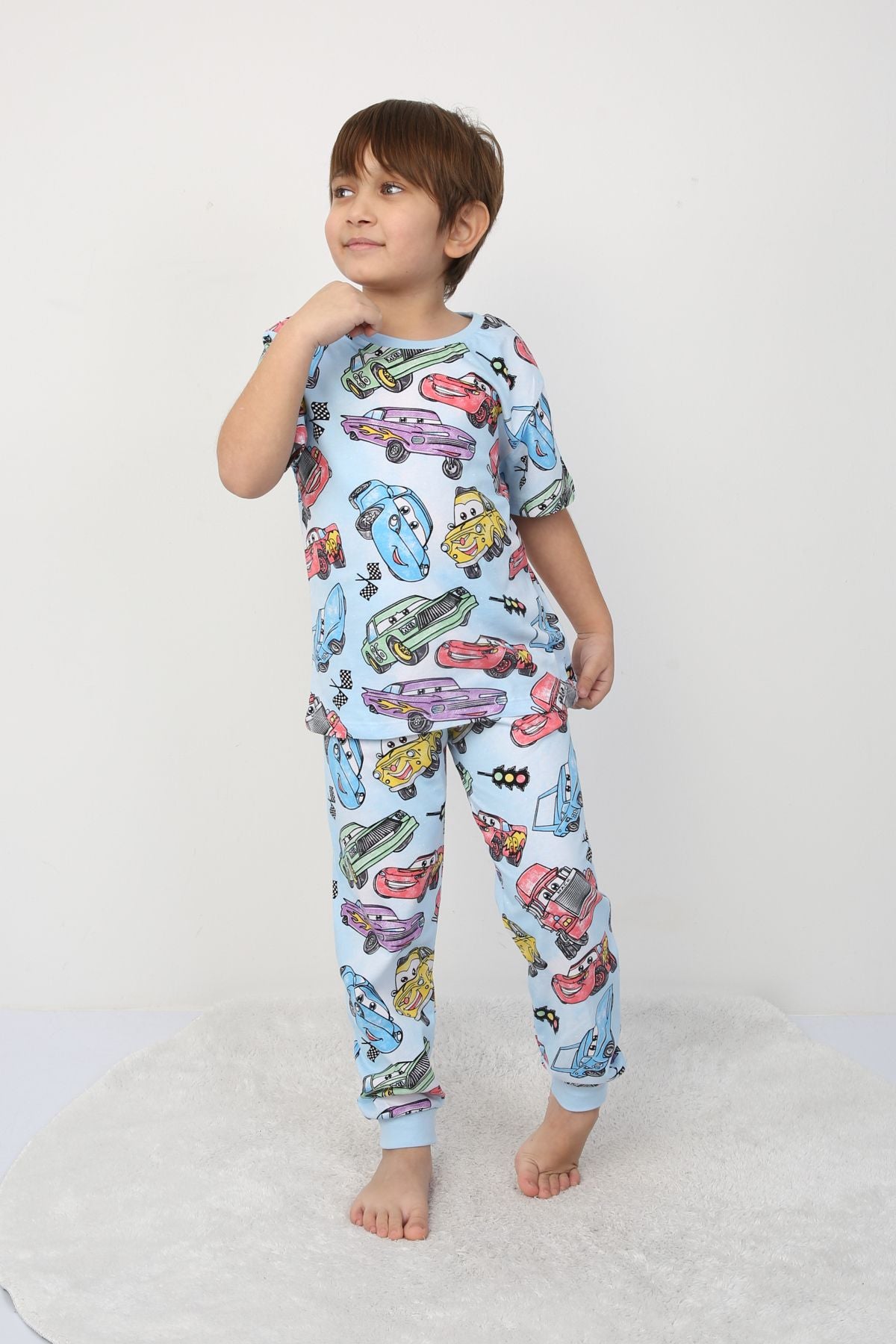 Süper Arabalar Desenli KısaKollu Çocuk Pijama Takımı 3-8 Yaş