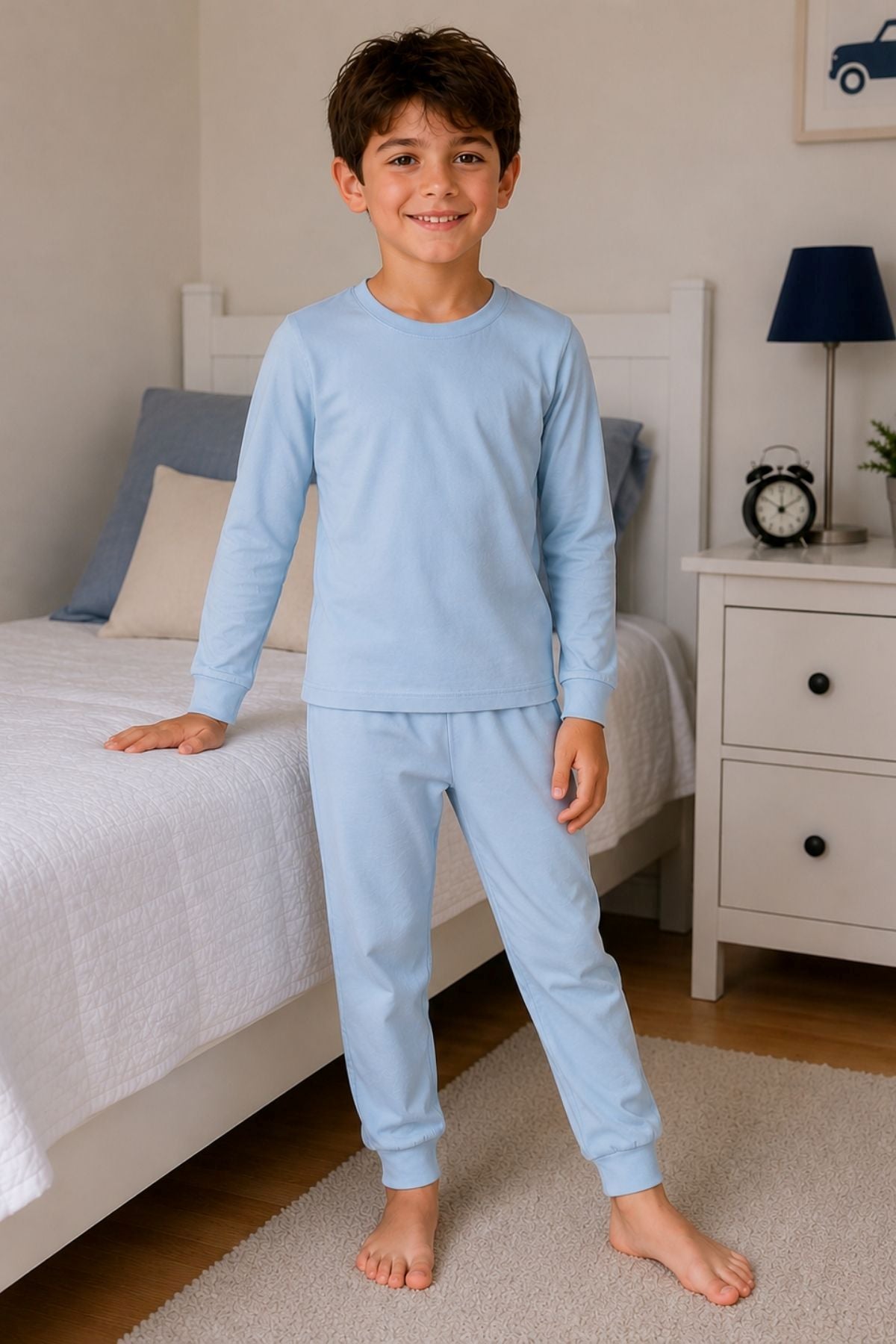Soft Mavi %100 Pamuk Basic Erkek Çocuk Pijama Takımı