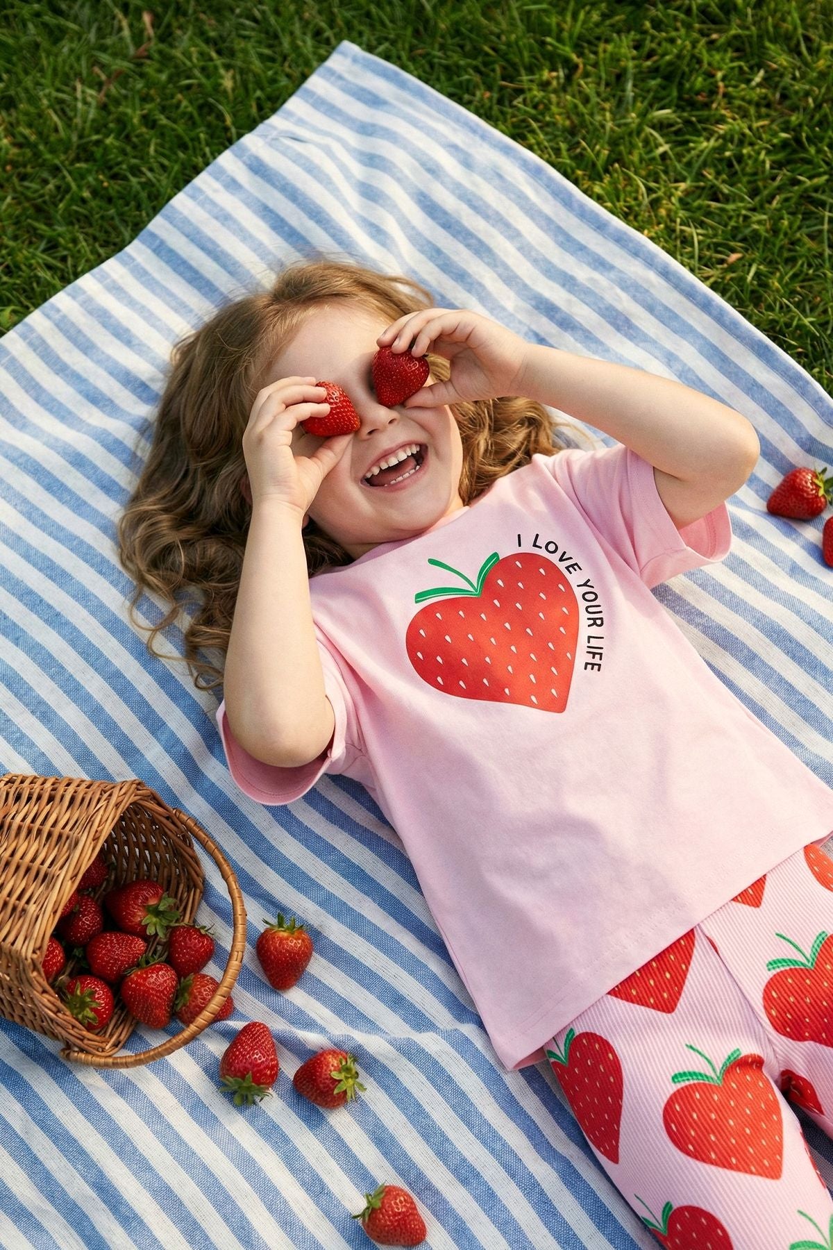 Strawberry Love Baskılı Kız Çocuk Tayt Takım – Pembe Çilek Desenli
