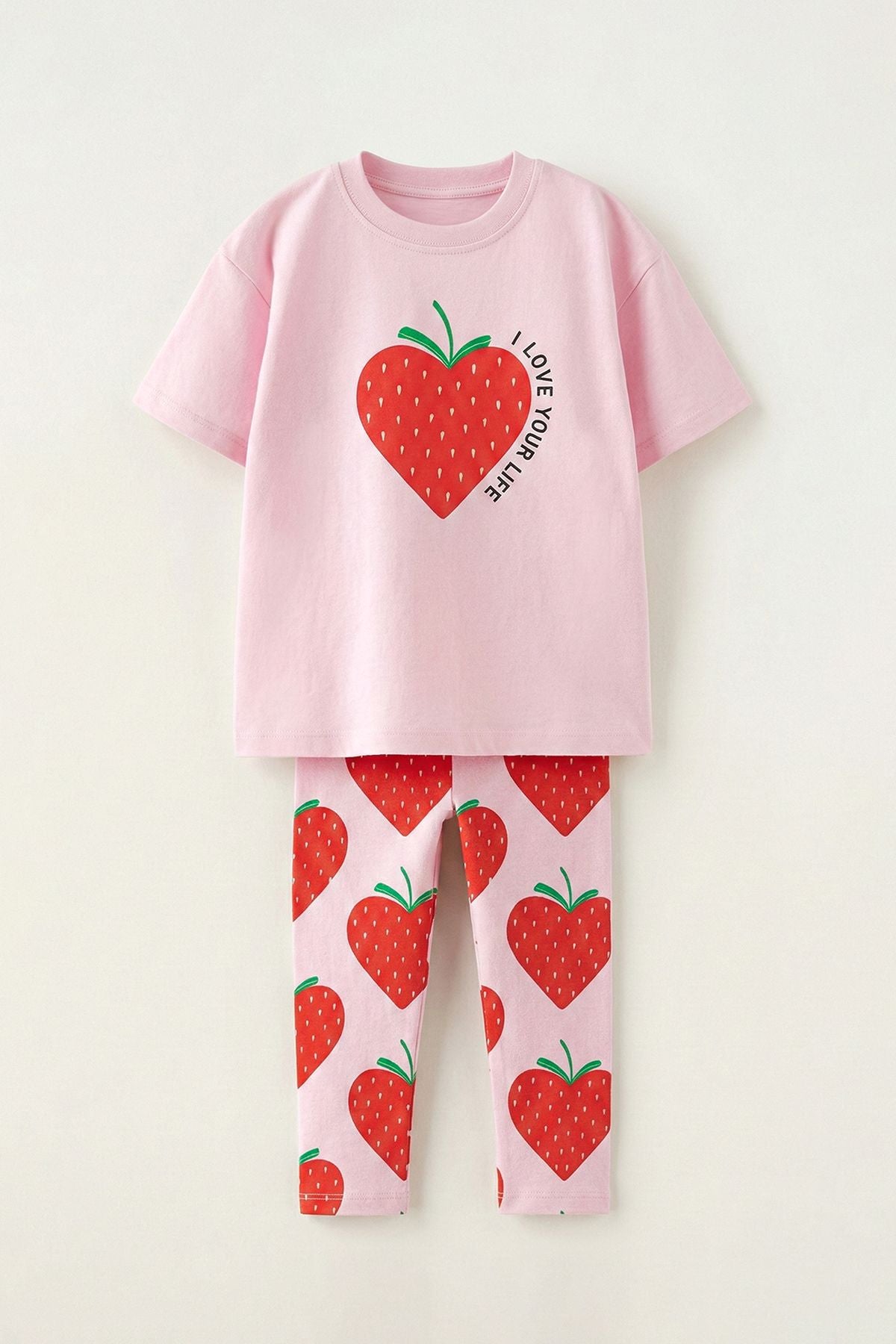 Strawberry Love Baskılı Kız Çocuk Tayt Takım – Pembe Çilek Desenli