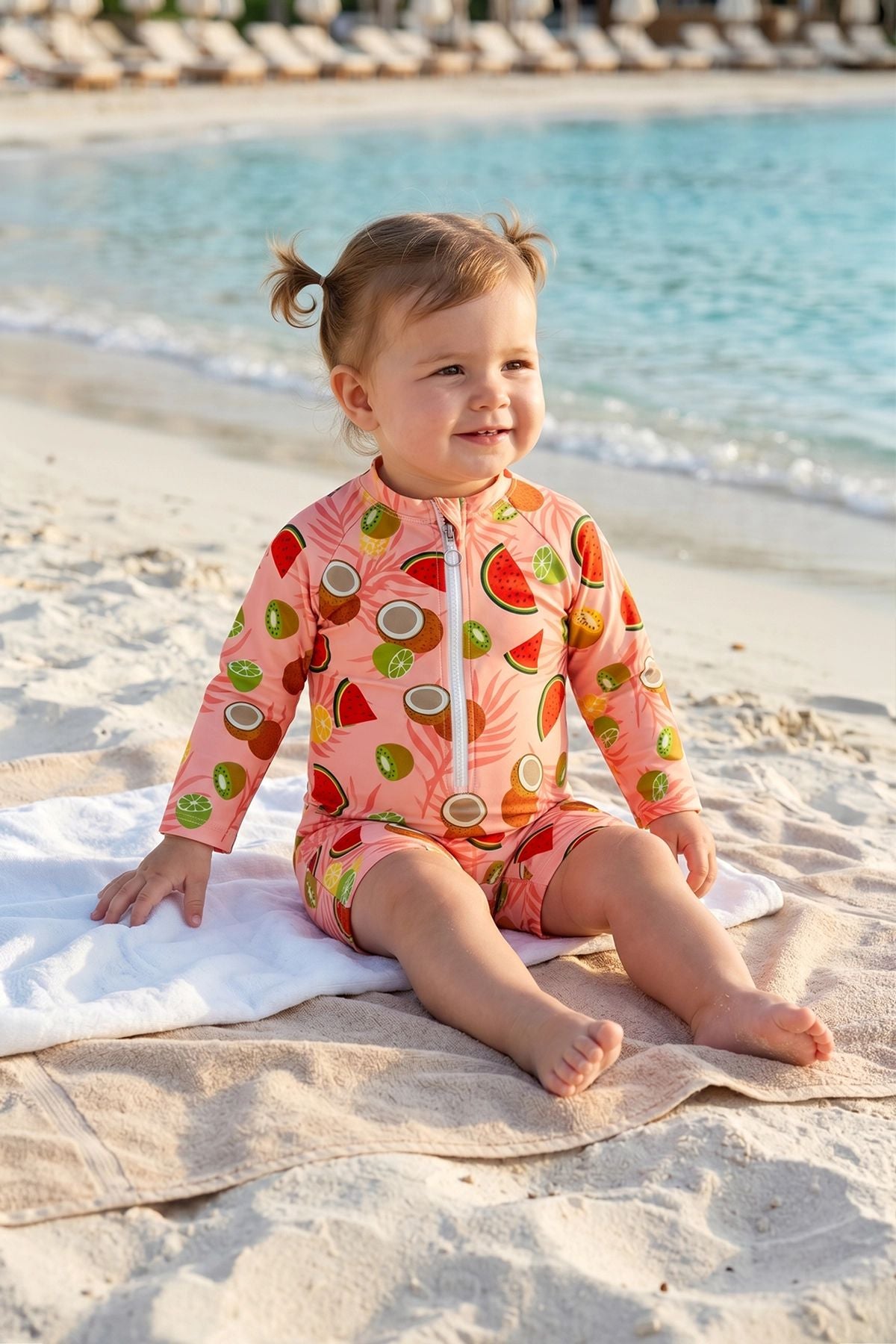 Summer Fruit Desenli Kız Bebek Uzun Kollu Fermuarlı Tulum Mayo