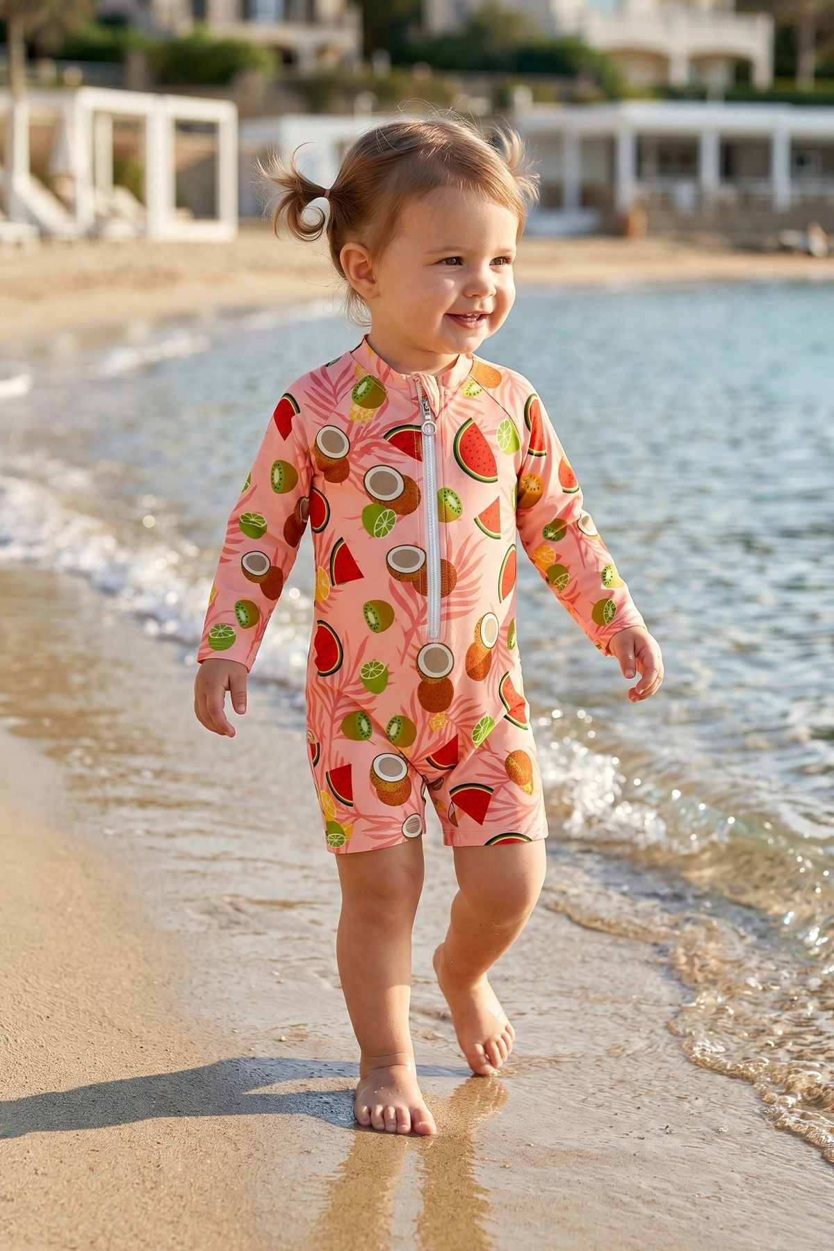Summer Fruit Desenli Kız Bebek Uzun Kollu Fermuarlı Tulum Mayo