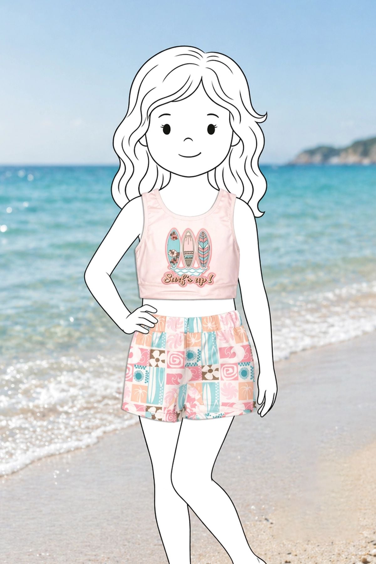 Surf Baskılı Crop Sportif Kız Çocuk Mayo Bikini Takım