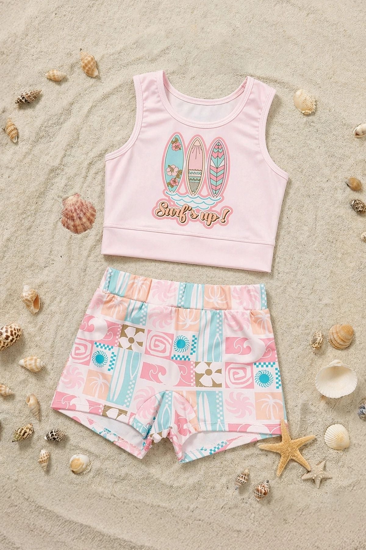 Surf Baskılı Crop Sportif Kız Çocuk Mayo Bikini Takım