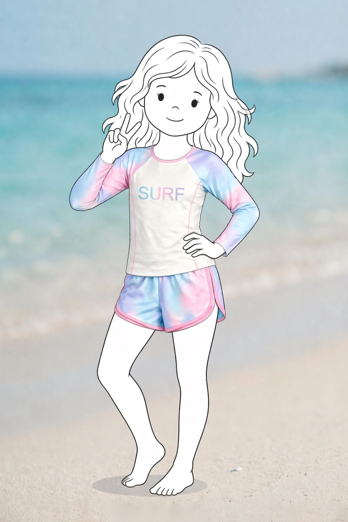 Surf Baskılı Renkli Sportif Kız Çocuk Uzun Kollu Spor Mayo Takımı