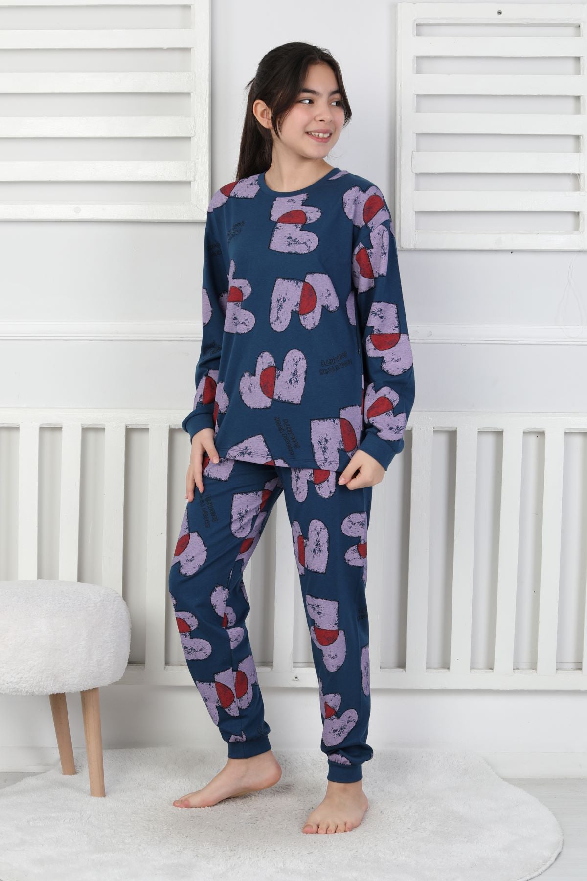 Tangled Hearts Desenli Kız Çocuk Pijama Takımı 8-13