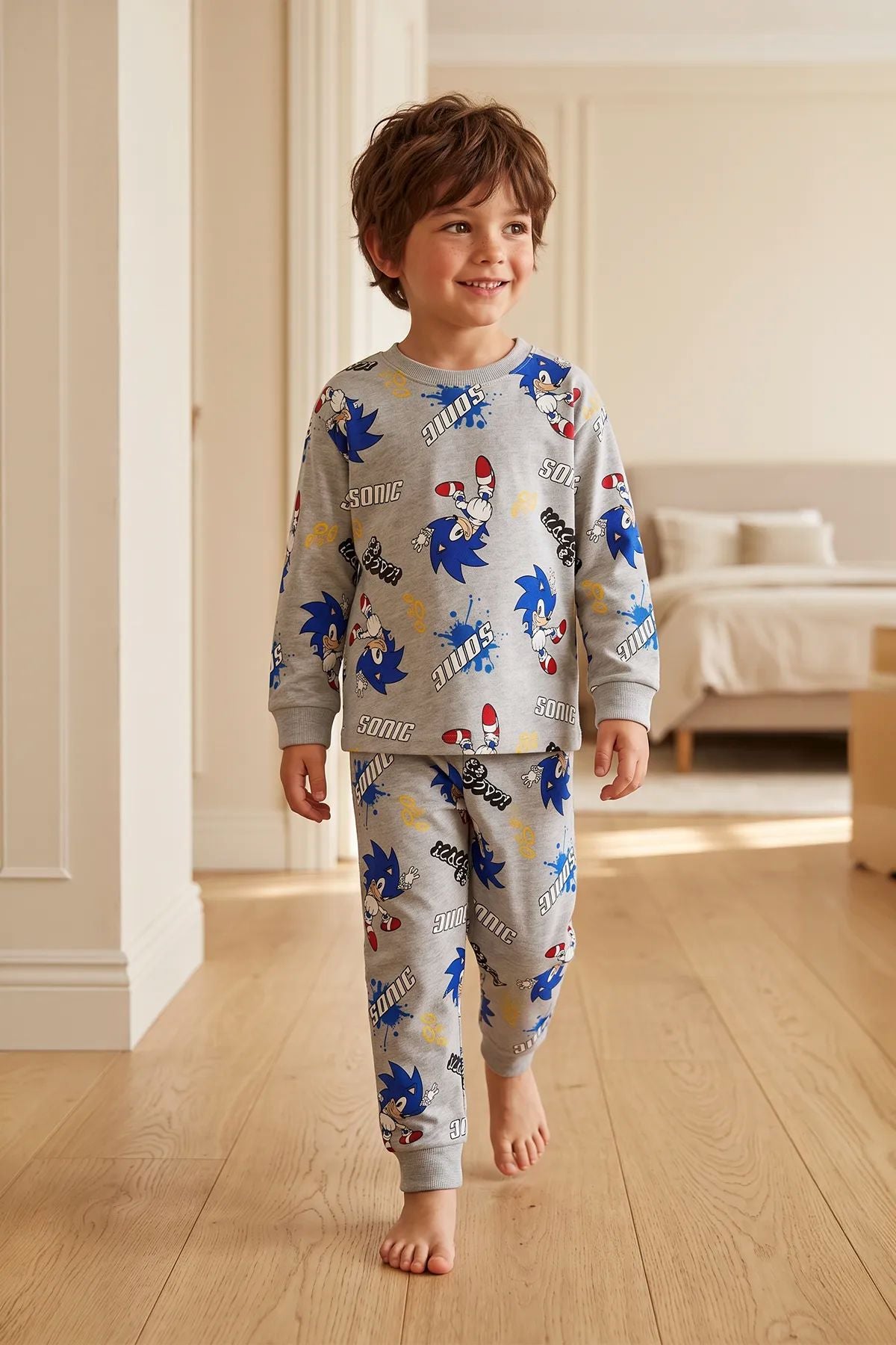 The Hedgehog Super Sonic Desenli %100 Pamuk Gri Renk Erkek Çocuk Pijama Takımı